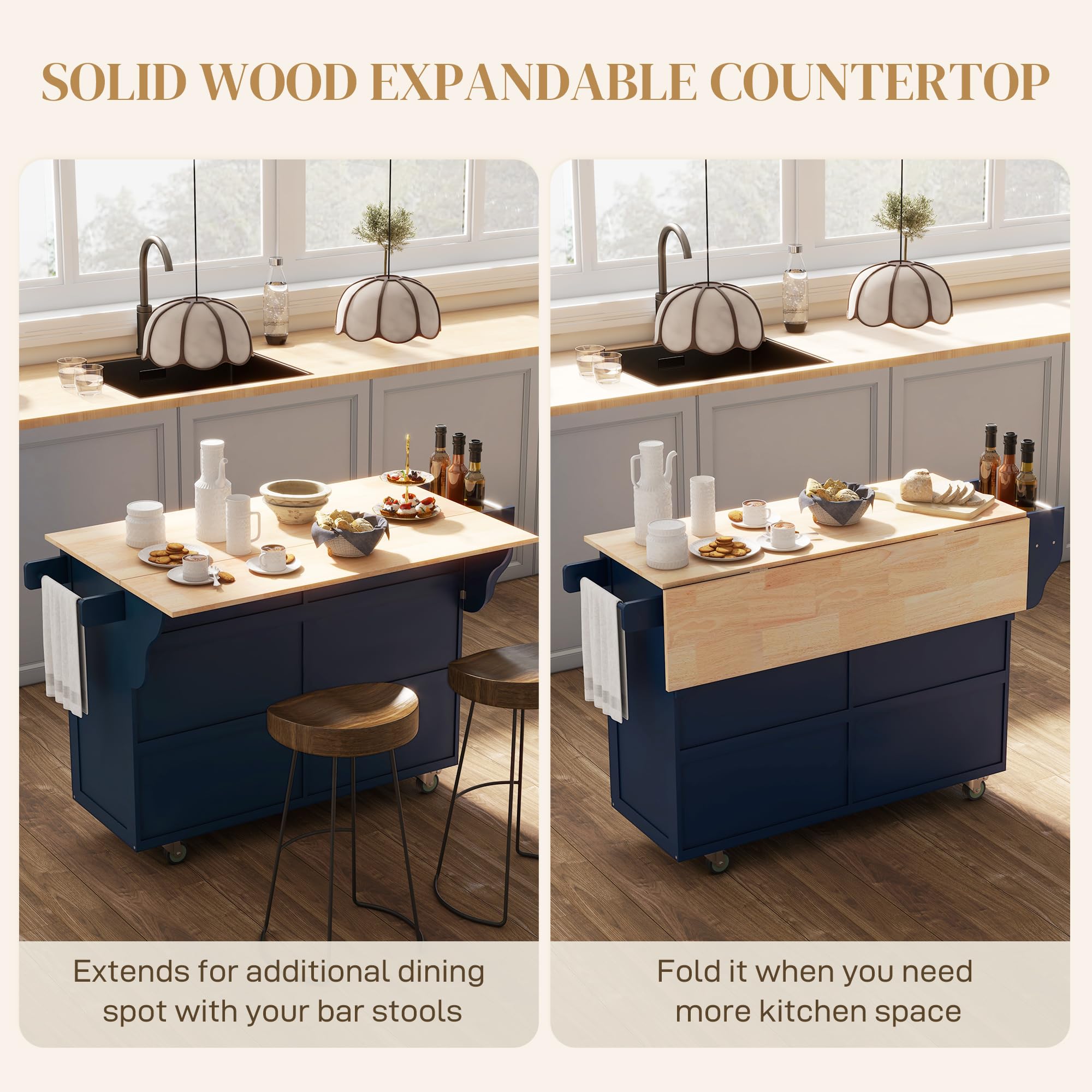 HOMCOM Rolling Kitchen Island Cart with Drop Leaf - Mobile Kitchen Cart with Rubber Wood Top, 2 Drawers & 2 Storage Cabinets - Kitchen & Dining Room Organizer in Dark Blue | Perfect for Small Spaces, Food Prep, and Extra Counter Space