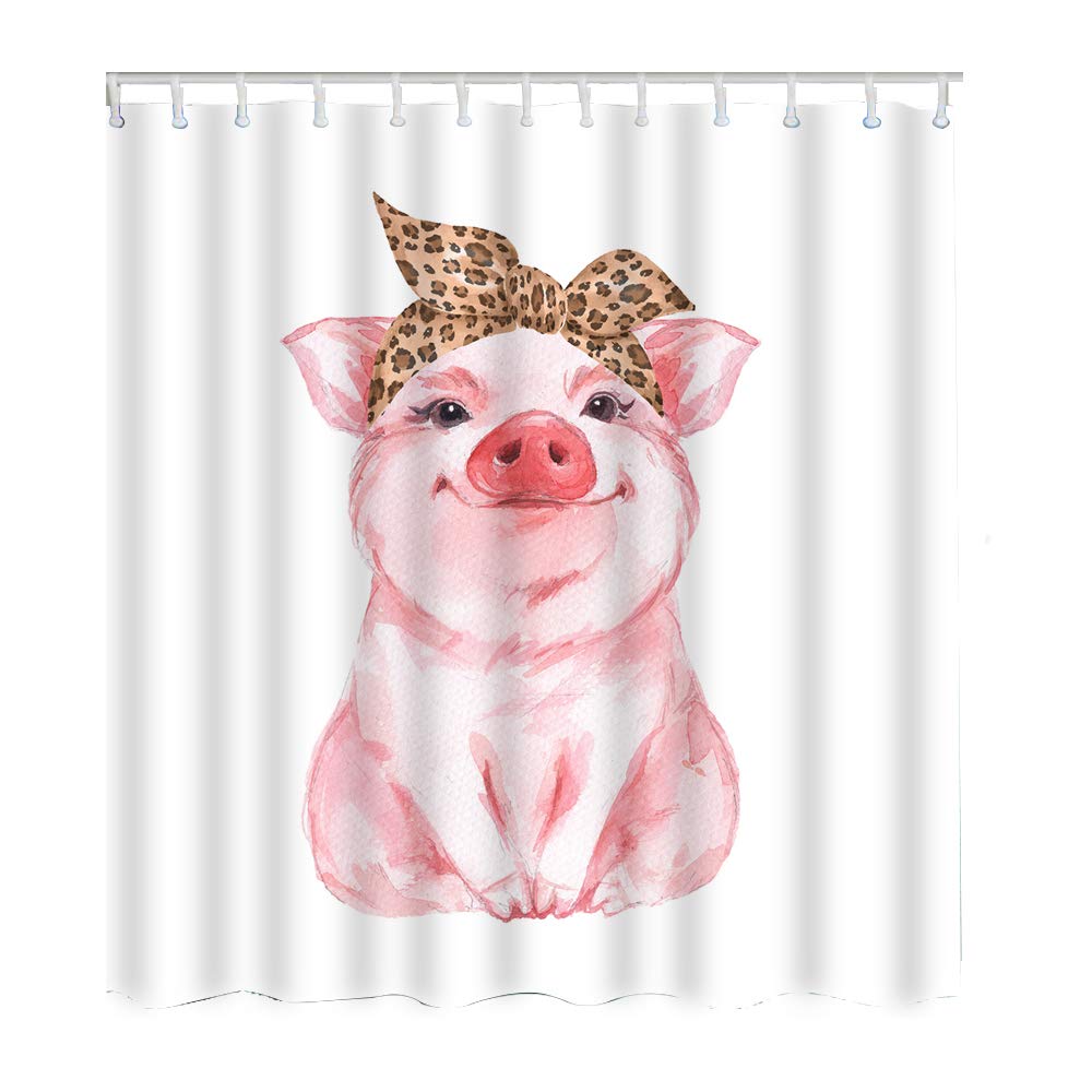 Funny Pig Shower Curtain Set - Cute Farm Animal Design with Leopard Bandana, 66x72 Inch Polyester Bathroom Decor with Hooks - Perfect for Kids' Bathroom, Farmhouse Style Decor & Unique Gift Idea