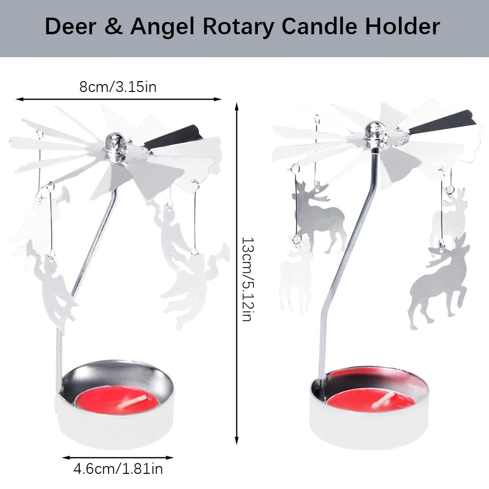 RETON 2-Pack Metal Spinning Candle Holder Carousel - Rotating Tea Light Stand for Home Decor, Wedding, Christmas & Holiday Decoration - Includes 8 Tealight Candles (Deer & Angel Design) - Perfect for Romantic Dinners, Party Centerpieces & Cozy Ambiance