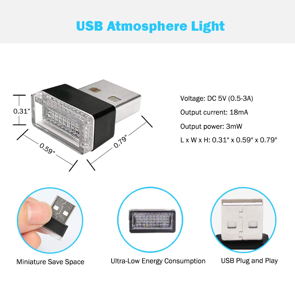USB Car LED Ambient Lights Kit - 2PCs Red for Interior Decor & Night Driving
