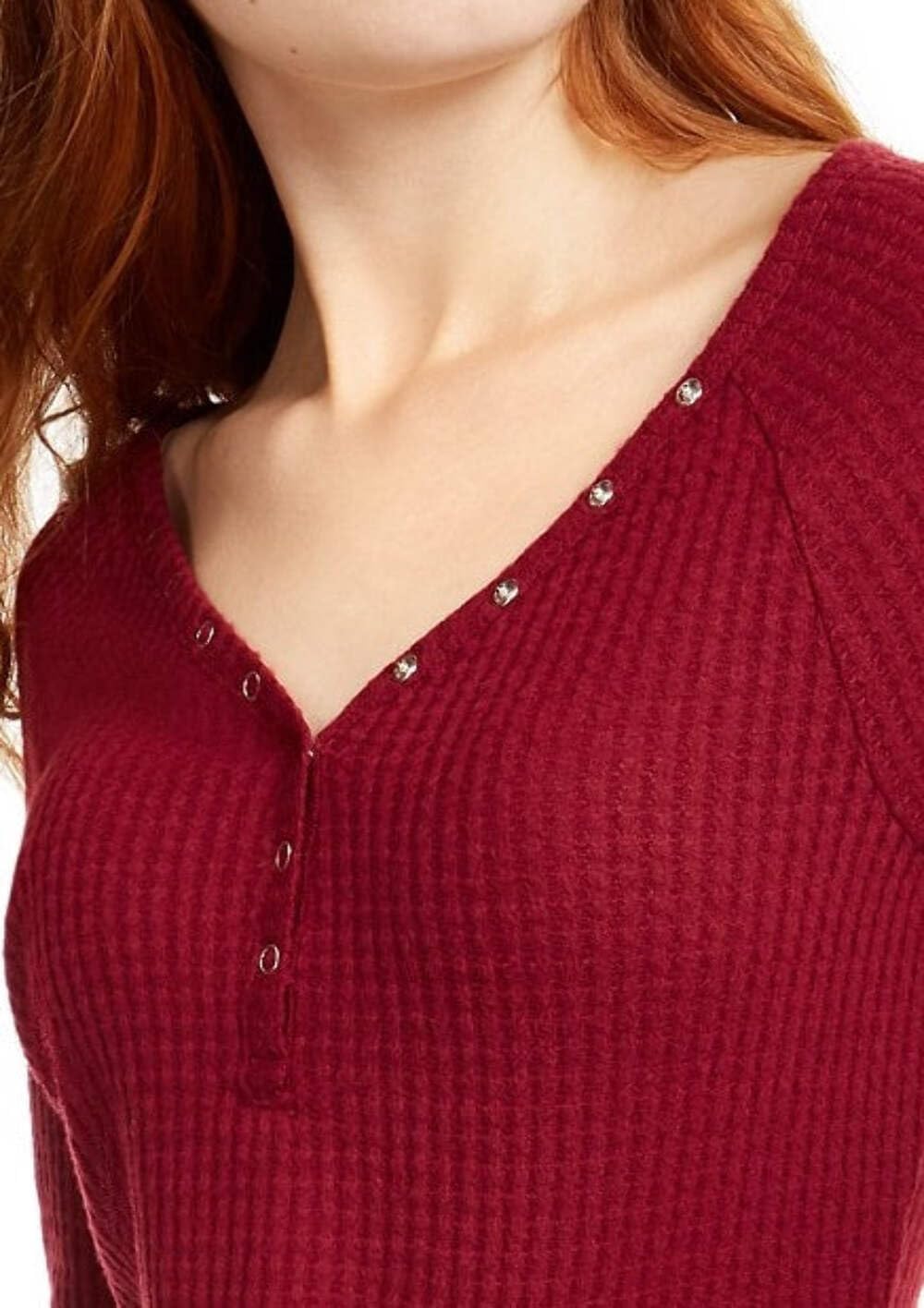 Ultra Flirt Juniors' Cozy Waffle-Knit Henley Top - Red, Size XS | Soft & Stylish Long Sleeve Shirt for Women | Perfect for Casual Wear, Layering & Fall Outfits