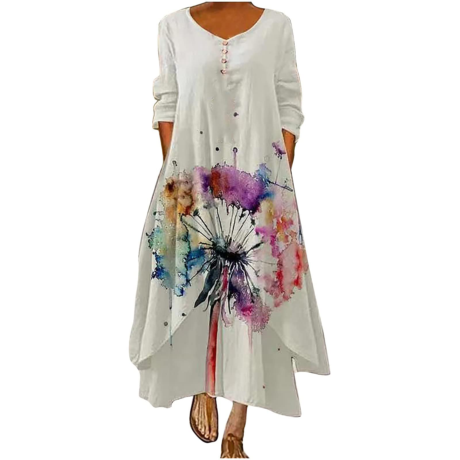 Luciava Women's Retro Chinese Style Printed Long Sleeve Maxi Dress - Flowy Loose Hem Irregular Long Skirt for Vacation, Party, and Special Occasions