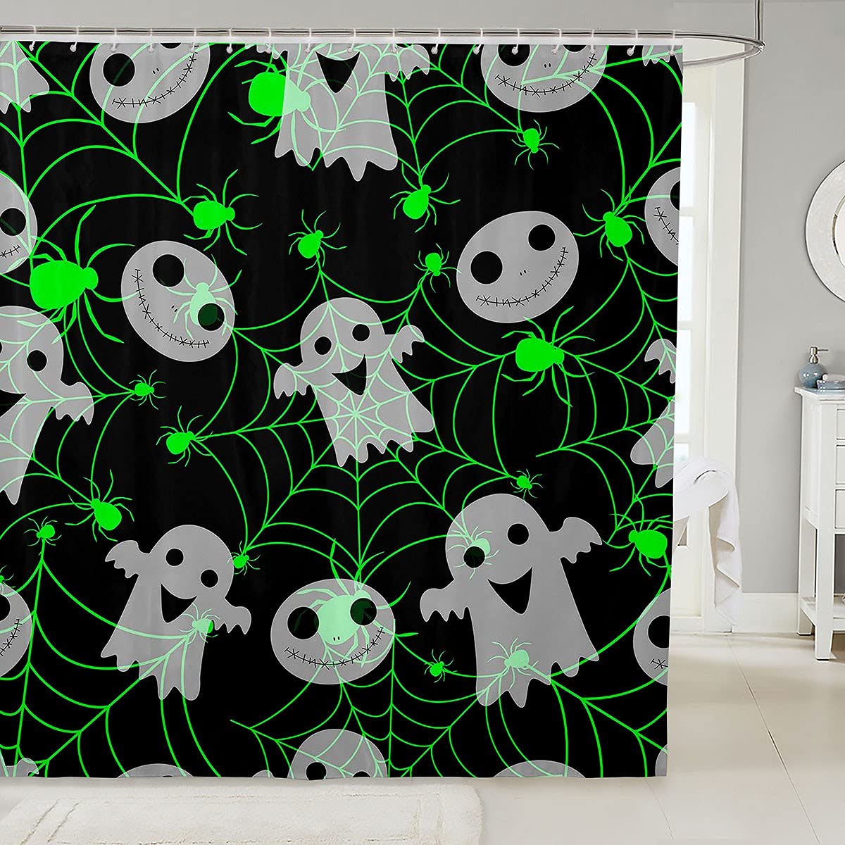 Spooky Halloween Shower Curtain - Scary Spider Web & Ghost Design for Kids Bathroom Decor - 72x84 Inch Green & Black Bathtub Curtain - Perfect for Halloween Party Decorations & Themed Bathroom Accessories