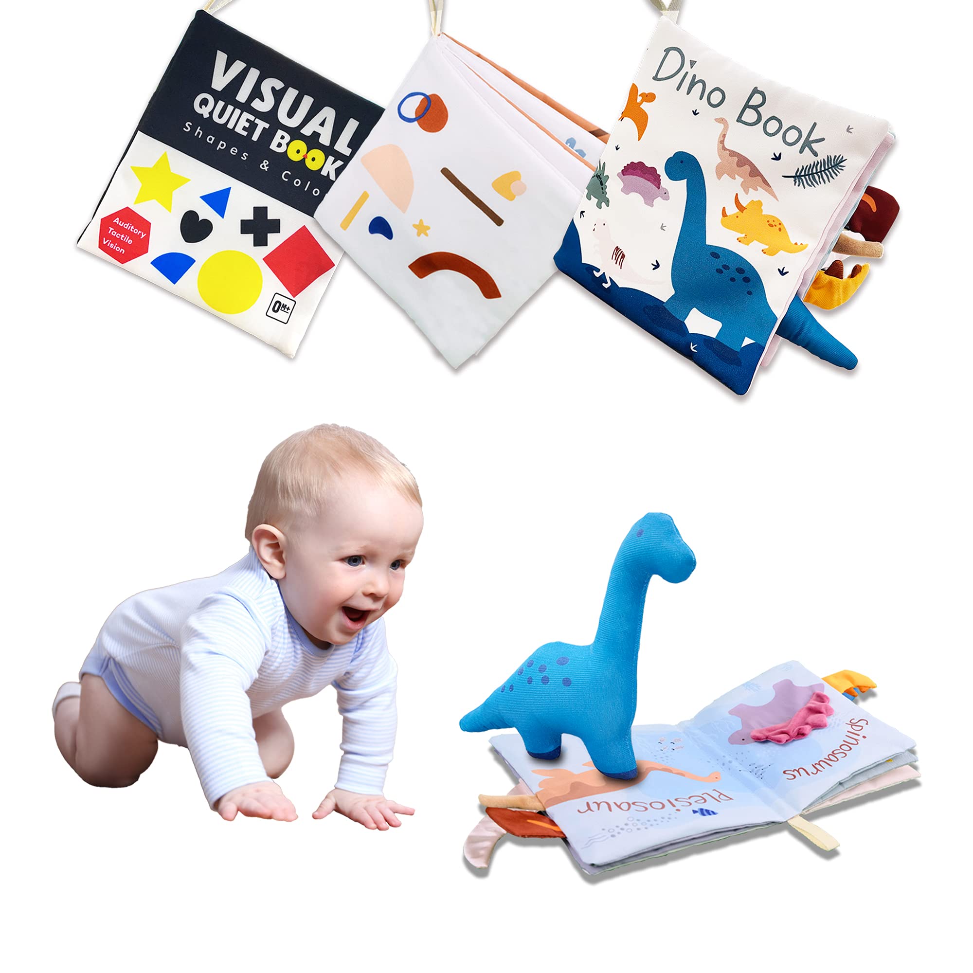 Fandina Soft Baby Cloth Books - Early Learning Fabric Books for Infants 6-12 Months, Toddler Quiet Book with Hanging Toys - Perfect for Car Rides, Playtime & Early Education (3-Pack) - Ideal Baby Shower Gift & Newborn Developmental Toy