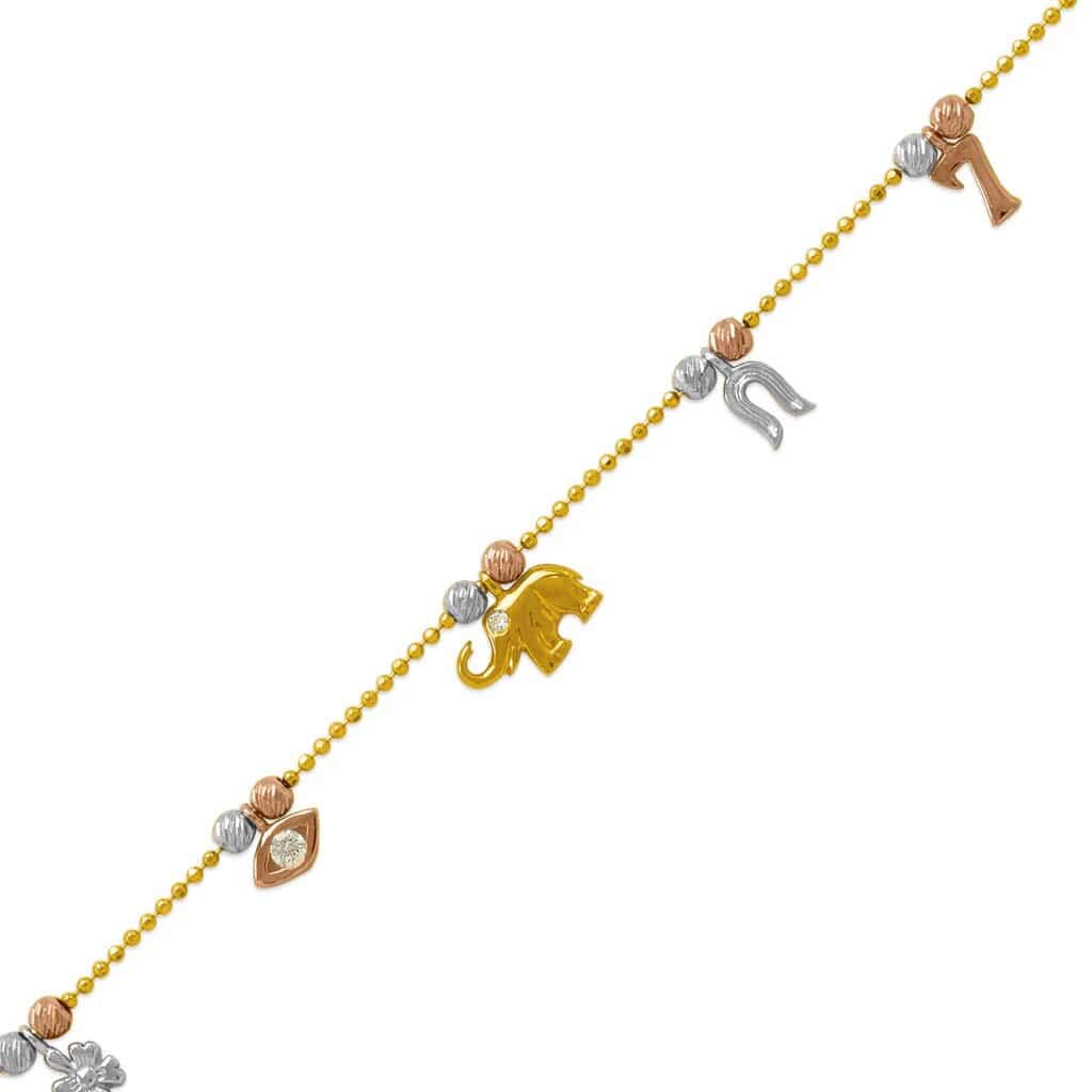 14K Tricolor Gold Lucky Charm Bracelet Anklet - Elegant 7 Flower Adjustable Ankle Jewelry (7.5