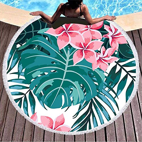 Oversized Round Beach Towel - 59 Inch Diameter Tropical Palm Leaves & Flamingo Print Microfiber Blanket | Super Absorbent Picnic Mat, Yoga Towel & Outdoor Blanket for Pool, Beach & Travel