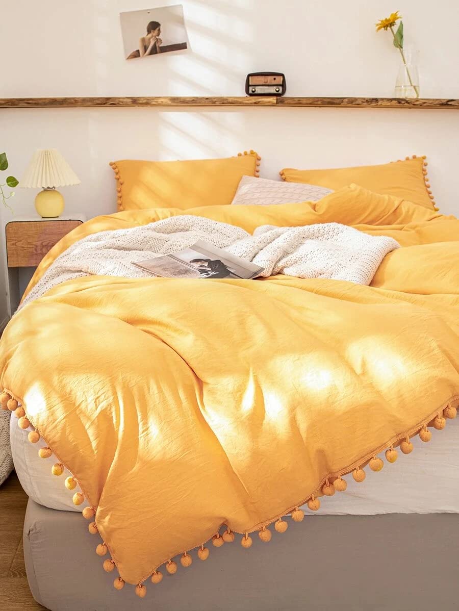 Bright Yellow Pom Pom Cotton Duvet Cover with Button Closure - Soft Bedding Set for Twin, Full, Queen & King Size Beds - Cozy Home Decor for Kids' Rooms, Guest Bedrooms & Dorm Essentials