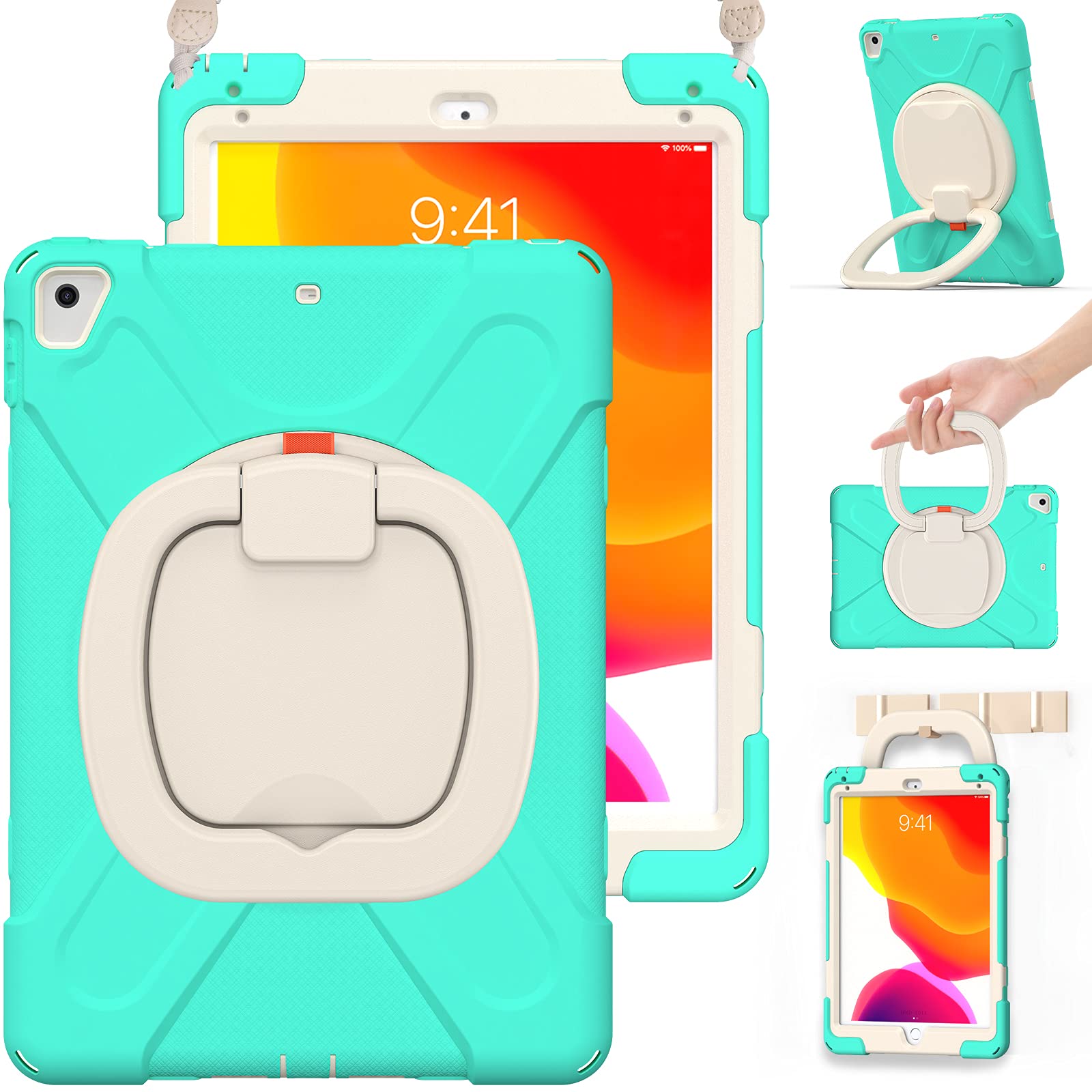 BRAECN 360° Rotating Protective Case for iPad 6th/5th Gen 9.7 Inch - Shockproof Full-Body Cover with Hand Grip, Pencil Holder, Kickstand & Shoulder Strap - Mint Green - Perfect for Work, Travel & School Use