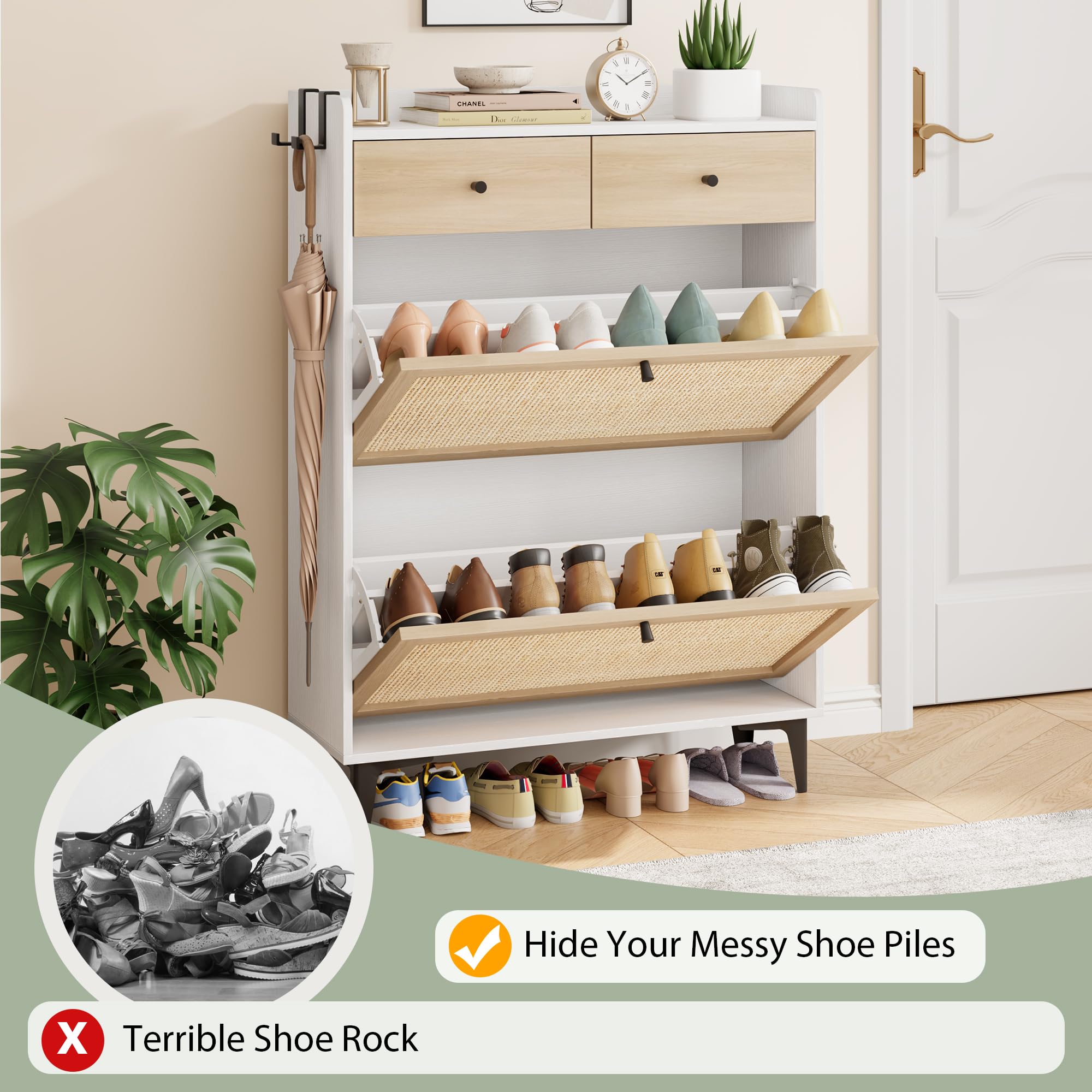 Rattan Shoe Storage Cabinet for Entryway - Narrow Wooden Shoe Organizer with 2 Flip Drawers & 2 Regular Drawers, Freestanding Hidden Shoe Rack with Sturdy Metal Legs in White - Perfect for Small Spaces, Hallway Organization & Apartment Living