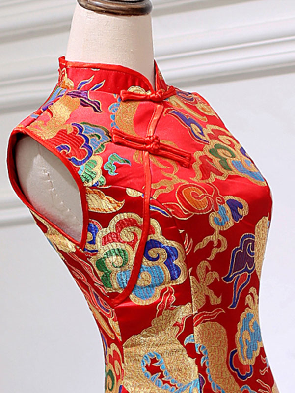 Elegant Red and Yellow Dragon Fishtail Cheongsam Qipao Prom Dress - Vintage Chinese Evening Gown for Formal Events, Parties, and Cultural Celebrations