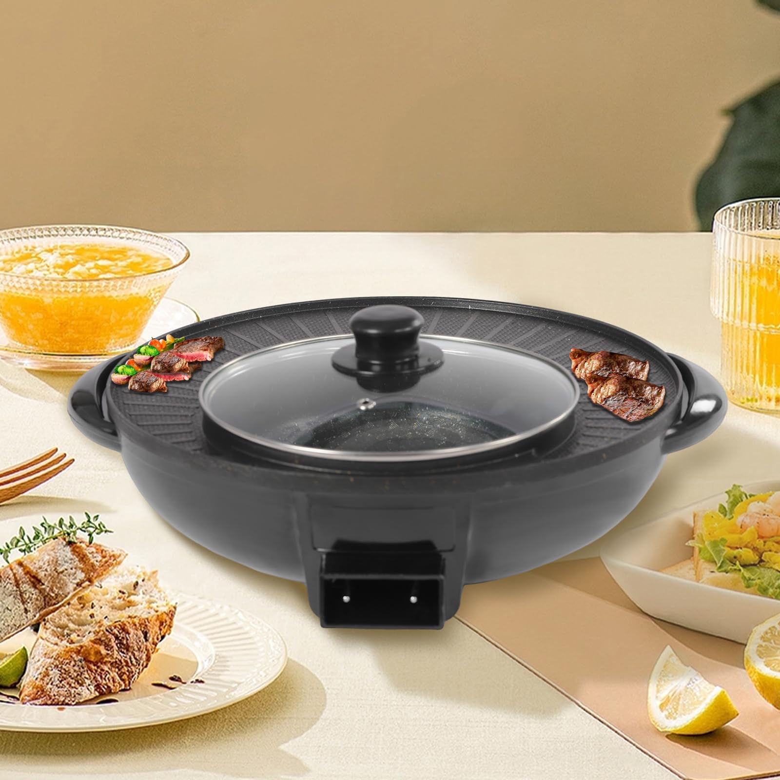 1350W 2-in-1 Electric Hot Pot and Grill Combo - Smokeless Indoor BBQ & Shabu Shabu Cooker with Divider & Clear Lid - 13.78 Inch Black Nonstick Frying Pan for 3-5 People (110V) - Perfect for Family Gatherings, Dinner Parties & Asian Hot Pot Nights