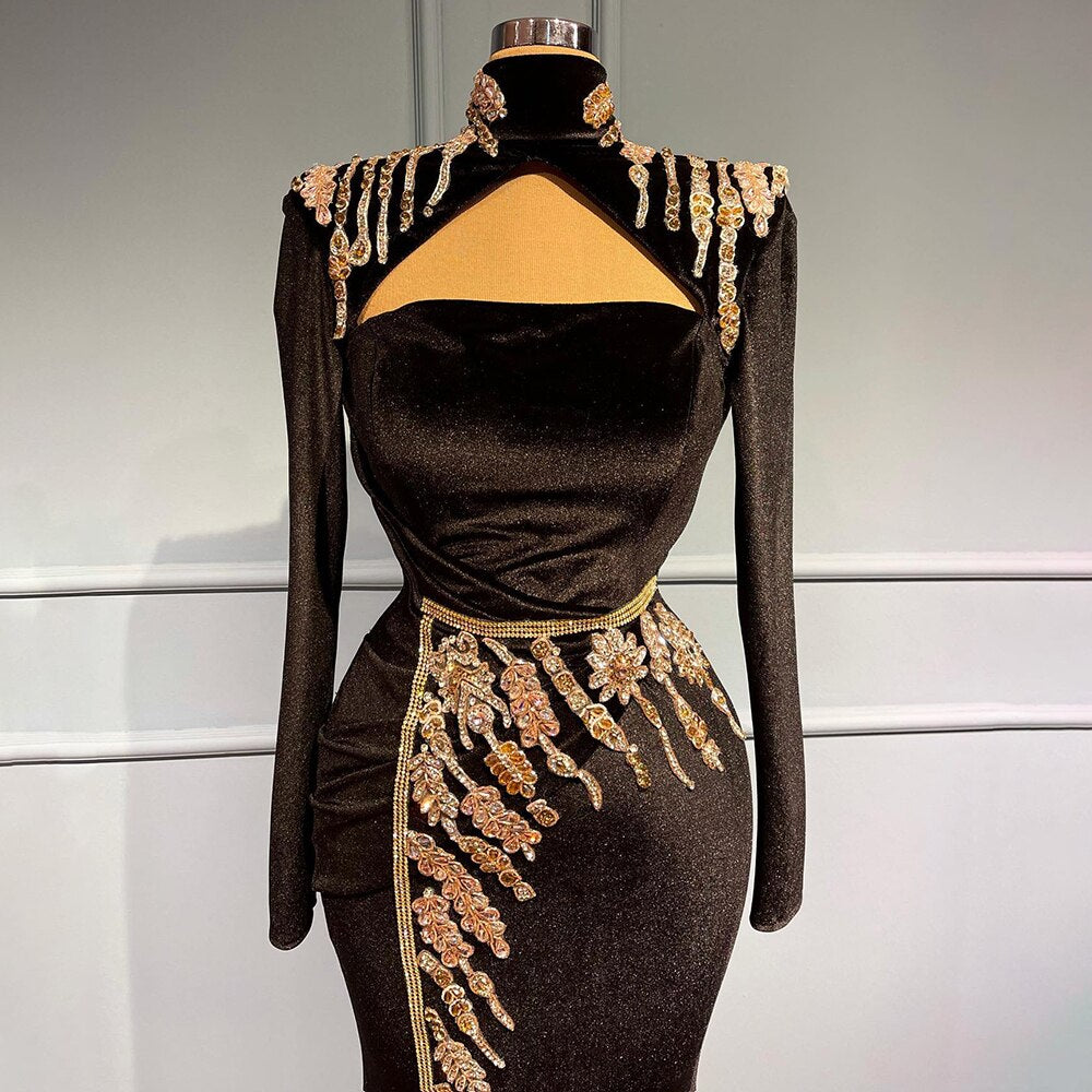 Elegant Black Velour Mermaid Evening Gown with Beaded Details - Luxury Women's Party Dress for Prom, Gala & Special Occasions - Serene Hill Collection LA71545