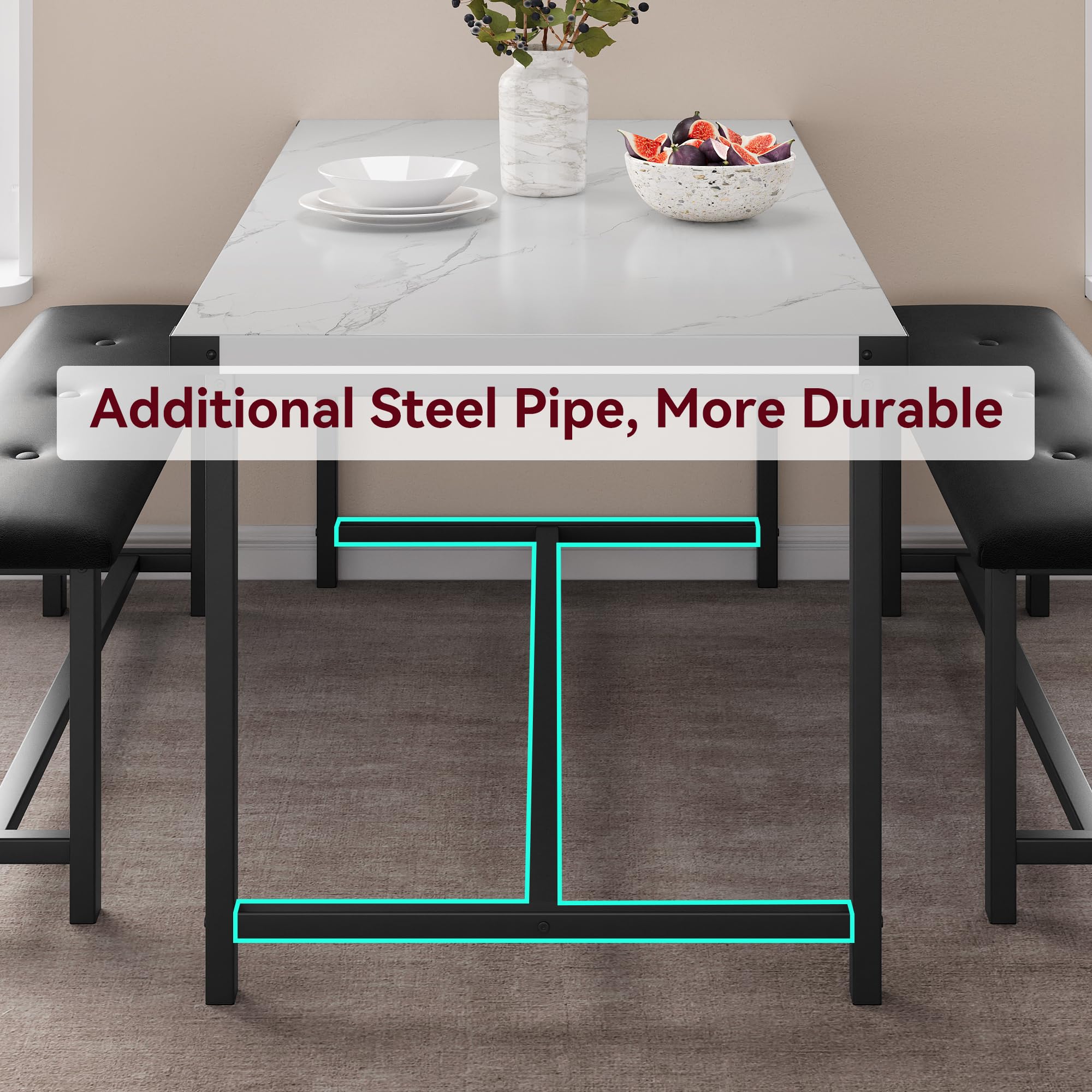 IDEALHOUSE 4-Piece Dining Table Set with 2 Upholstered Benches - White Marble Rectangular Kitchen Table for Small Spaces, Apartments & Studios | Perfect for Breakfast Nooks, Compact Dining Areas & Modern Home Decor