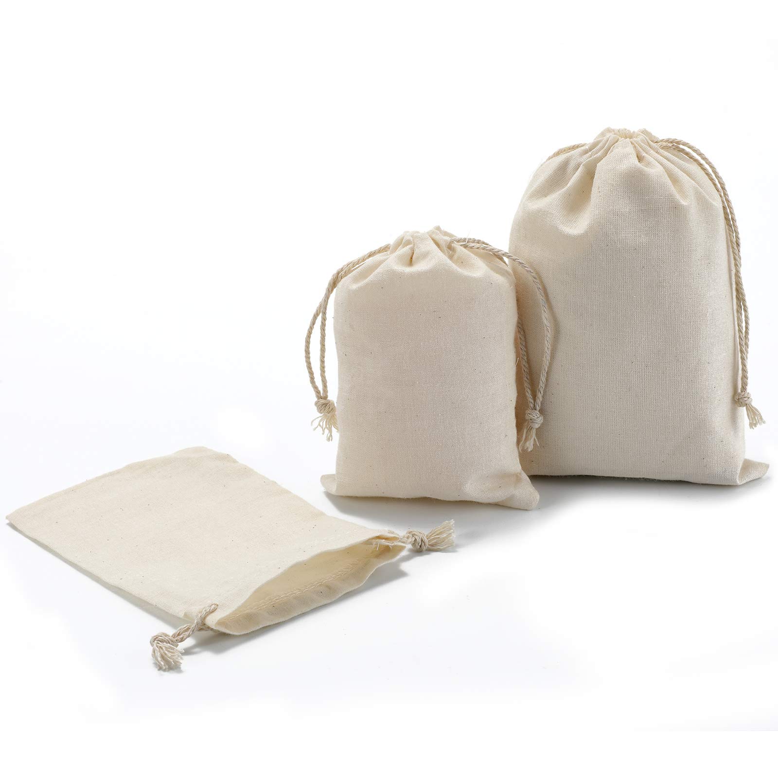 Organic Cotton Muslin Drawstring Bags - 30Pcs 5x7 inch & 20Pcs 4x6 inch Mix Size Set | Reusable Party Favor Bags, Sachet Bags, Gift Bags for Weddings, Baby Showers, Bridal Showers & DIY Crafts