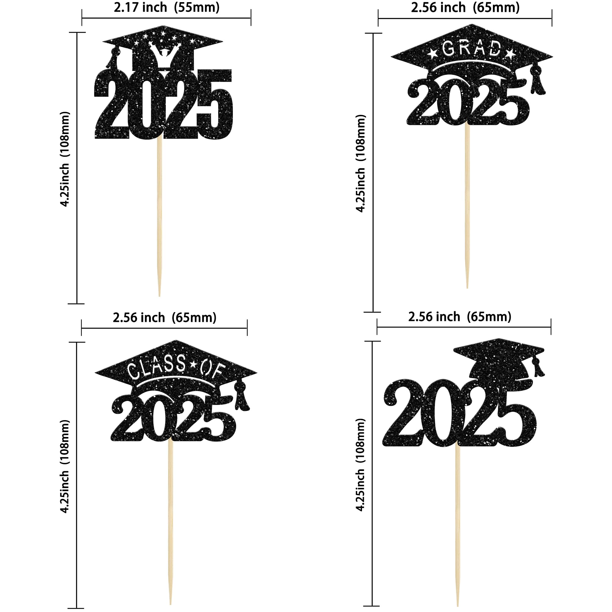 24 Pack Black Glitter 2025 Graduation Cap Cupcake Toppers - Class of 2025 Grad Cap Cake Decorations for Graduation Party, Birthday, School Celebrations & Dessert Decorating Supplies