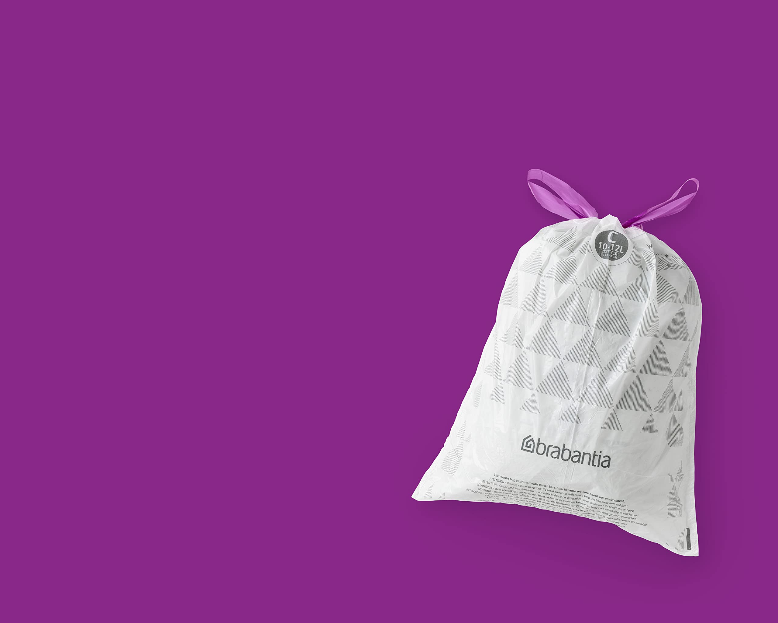 Brabantia PerfectFit Trash Bags Size C (2.6-3.2 Gallon) - Heavy Duty Drawstring Trash Can Liners, 200 Count - Ideal for Kitchen, Bathroom & Office Waste Bins
