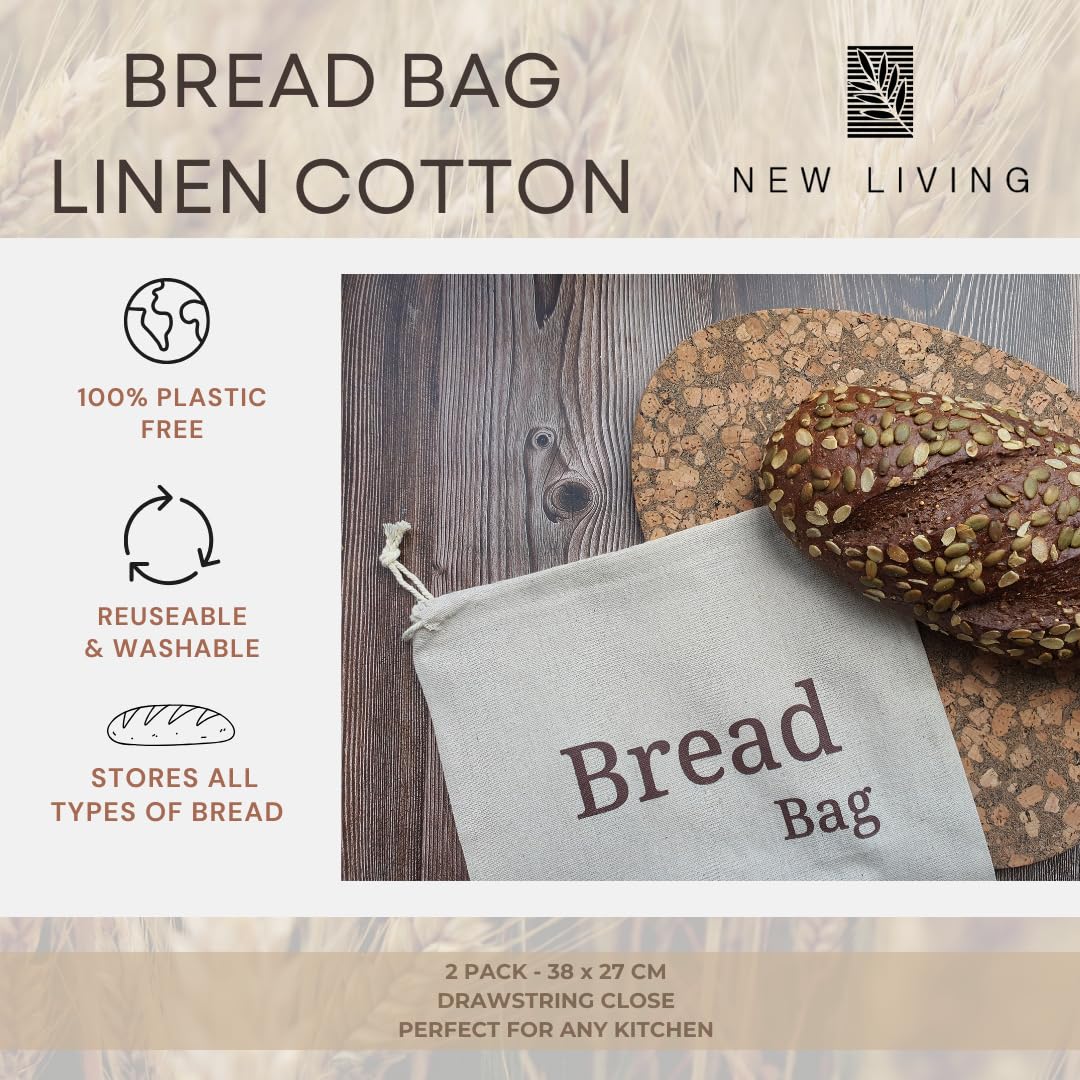 2 Pack Organic Linen Bread Bags - Reusable & Eco-Friendly Food Storage Bags (38x27cm) for Fresh Bread, Pastries & Baked Goods - Perfect for Home, Bakery & Picnic Use