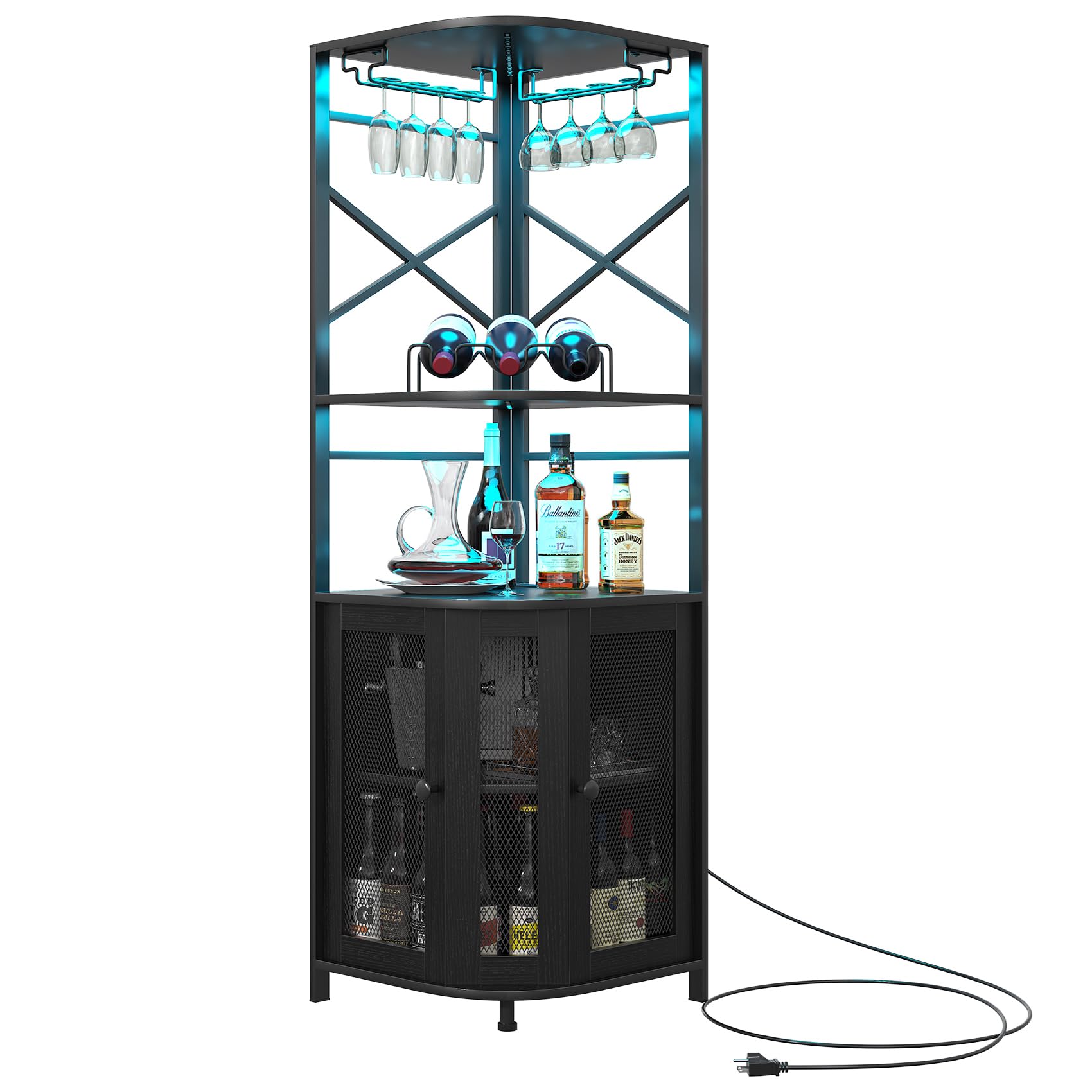 Industrial 5-Tier Corner Bar Cabinet with LED Strip & Power Outlet - Modern Wine & Liquor Display Cabinet with Glass Holder for Home, Office or Small Spaces - Black