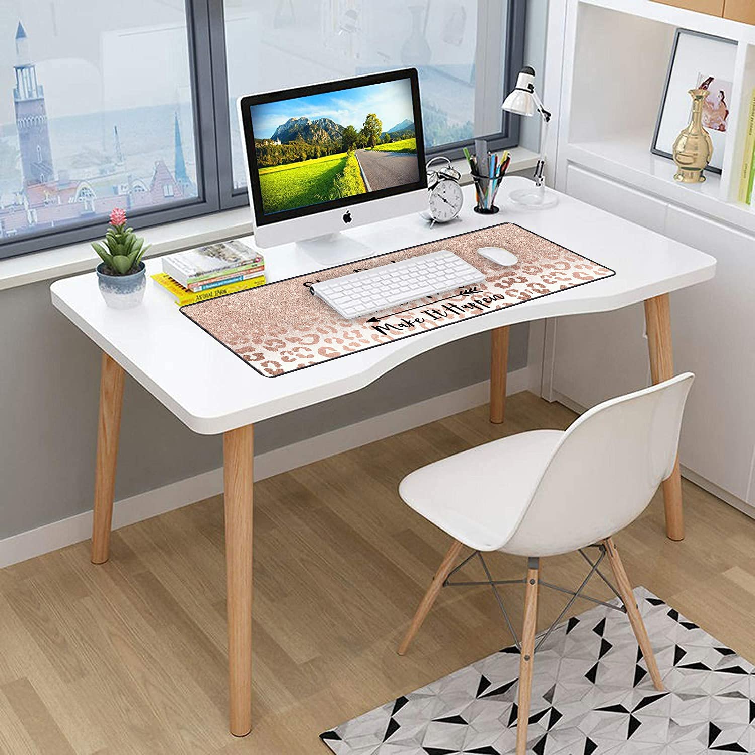Extra Large Gaming Mouse Pad with Non-Slip Rubber Base - Ergonomic Extended Desk Mat for PC, Laptop & Office Work | Includes Cup Coaster | Motivational Pink Leopard Star Design - Perfect for Gamers, Programmers & Home Office Setup