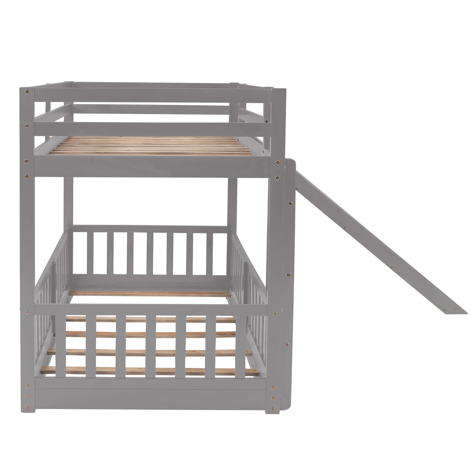 Kids Bunk Beds with Slide - Toddler Floor Bed with Safety Fence - Twin Over Twin Low Bunk Bed for Boys & Girls - Sturdy Wood Bed Frame in Gray - Perfect for Small Bedrooms & Playrooms