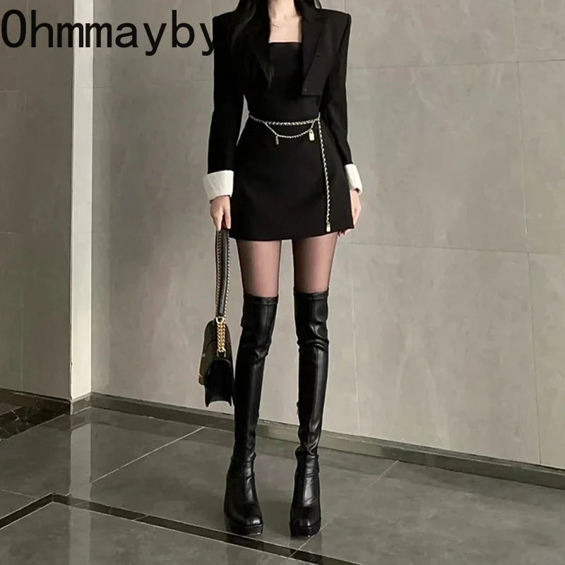 Stylish Black Long Boots for Women - Fashionable Square Toe High Heel Over The Knee Boots with Zippers | Winter Shoes & Elegant Modern Booties for Party, Office & Night Out
