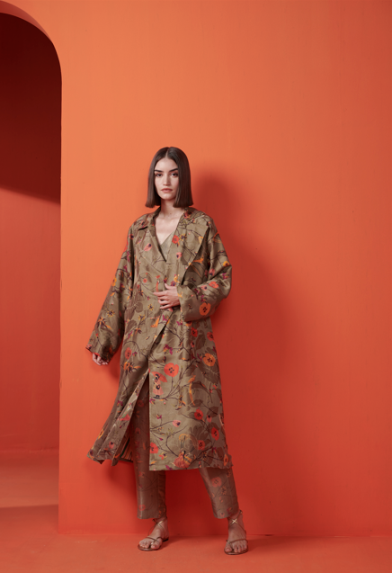 Luxury Long Silk Damask Coat in Olive Green - Elegant Women's Outerwear for Fall & Winter | Perfect for Formal Events, Weddings & Evening Occasions