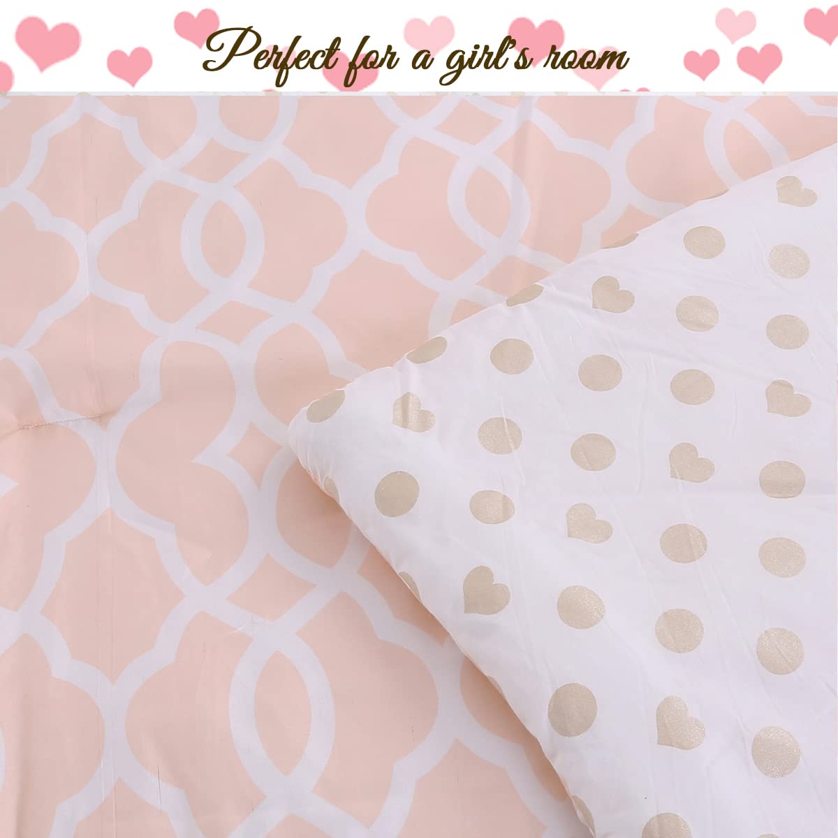 Cozy Line Home Fashions Heart Polka Dot Gold Reversible Twin Bedding Set for Girls - Ultra Soft All-Season Comforter Set (Sweet Peach, 2 Piece) | Perfect for Kids' Bedrooms, Sleepovers & Cozy Nights