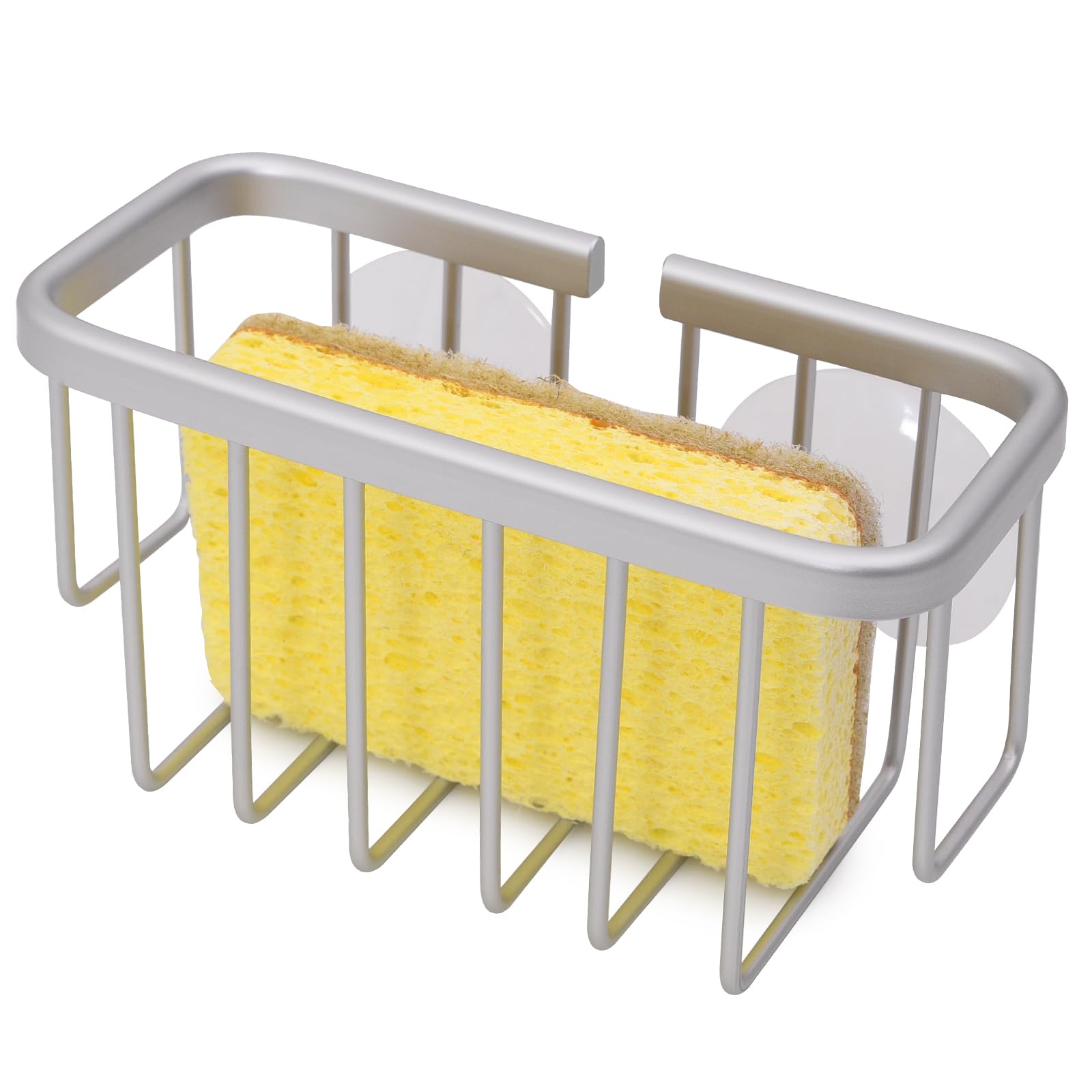 Stainless Steel Sponge Holder for Kitchen Sink - Aluminum Sink Caddy with Strong Suction Cups & Adhesive Hooks - Bathroom & Kitchen Organizer (Silver) - Perfect for Keeping Sponges Dry & Organized Near Sink