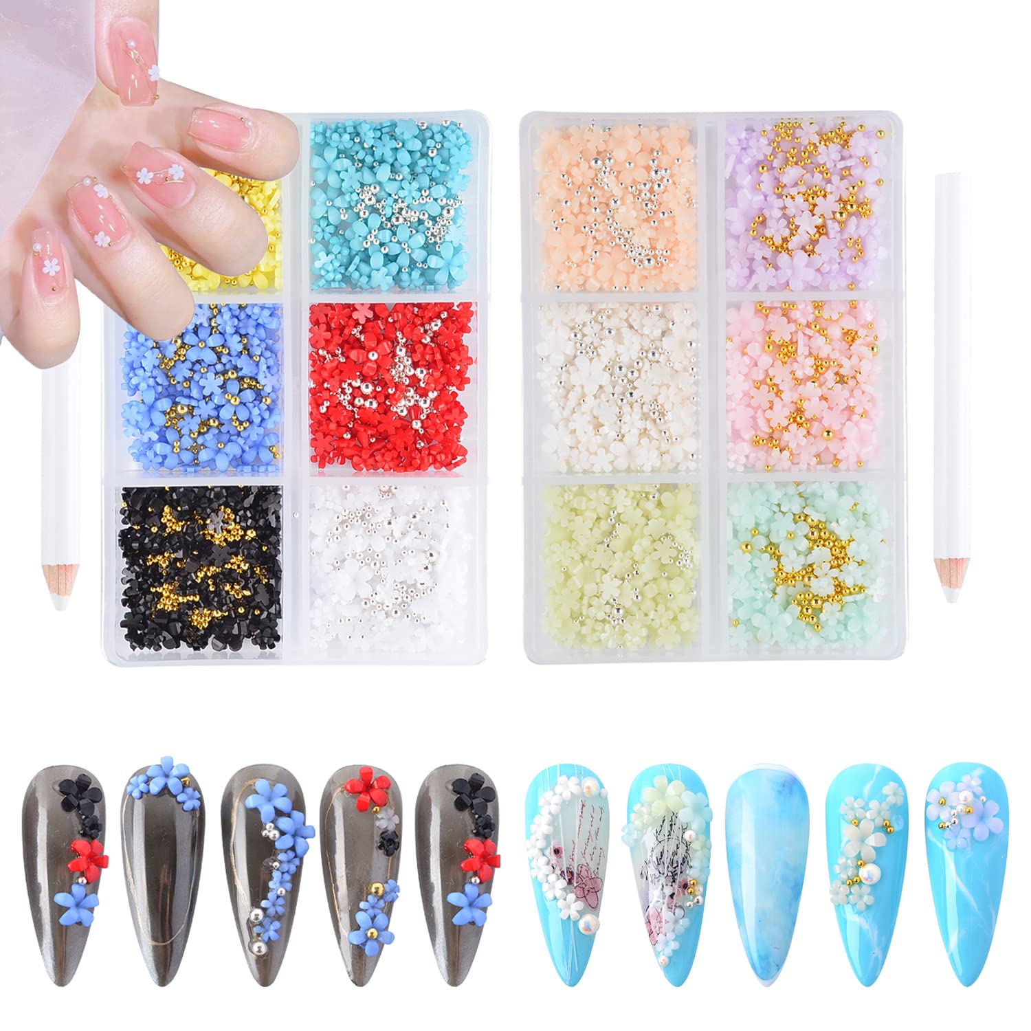 Katfan 3D Acrylic Flower Nail Charms - Mixed Colors Nail Art Decorations with Gold & Silver Metal Caviar Beads - DIY Nail Supplies Kit with Pickup Pencil (12 Grids) for Professional & Home Manicures, Nail Salon Decor, Party Nail Designs