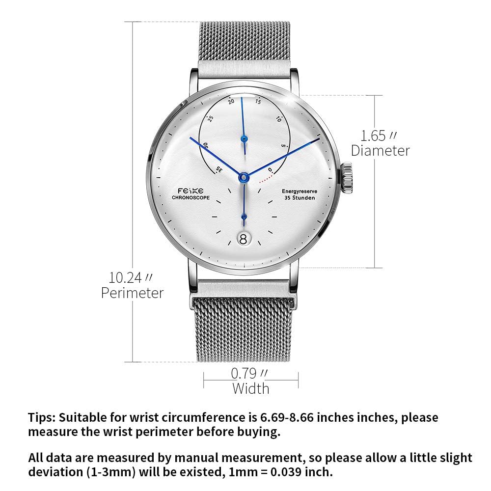 FEICE Bauhaus Automatic Watch for Men - Silver FM202 | Mechanical Analog Watch with Leather Strap & Domed Glass | Perfect for Business, Casual & Dress Occasions