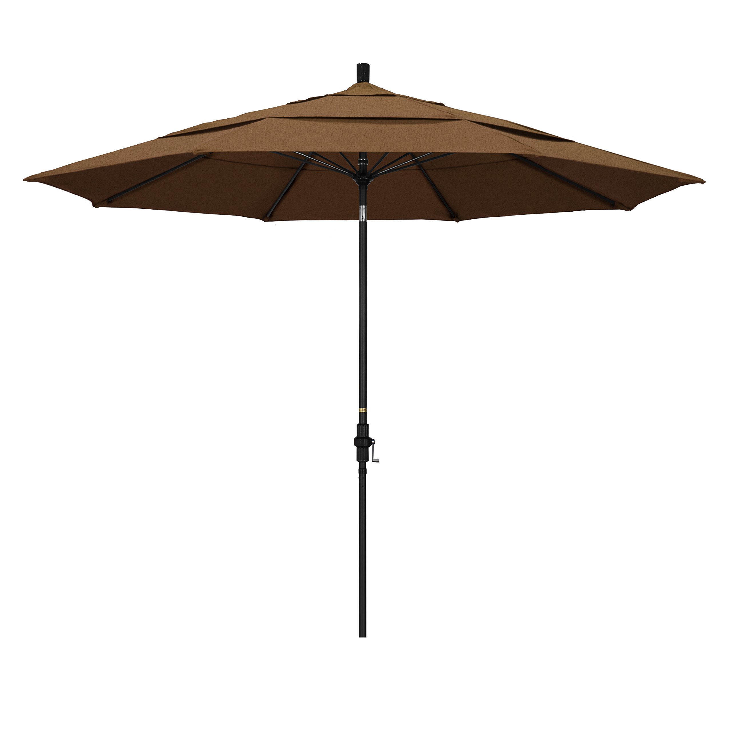 California Umbrella 11' Round Fiberglass Rib Market Patio Umbrella with Crank Lift & Collar Tilt - Teak Wood Base & Black Pole (GSCUF118705-5488-DWV) - Perfect for Outdoor Dining, Poolside Lounging, and Backyard Relaxation