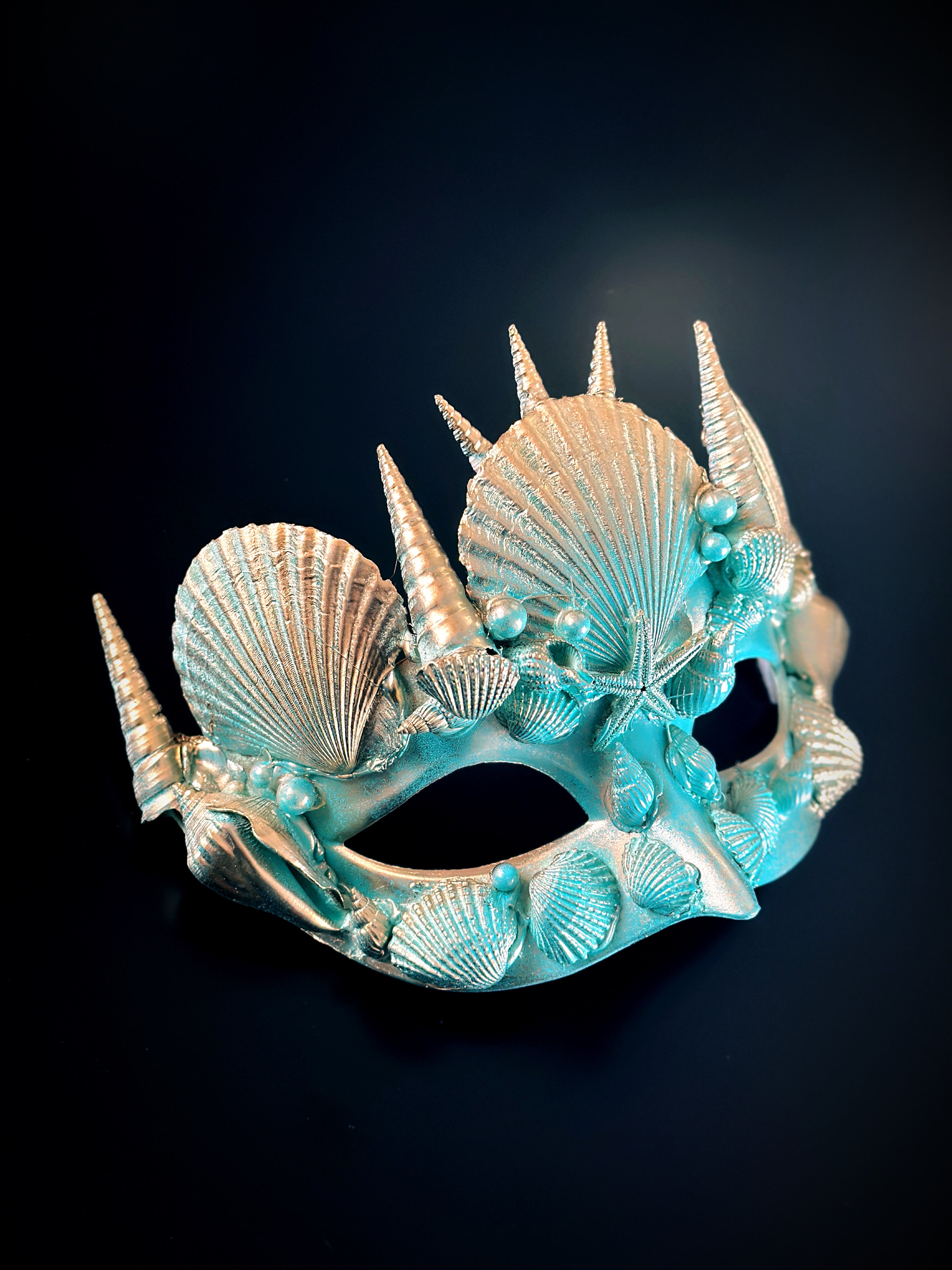 Merman Shell Mask - Gold Turquoise Design for Cosplay, Halloween, and Underwater Fantasy Costumes | Perfect for Themed Parties and Photo Shoots