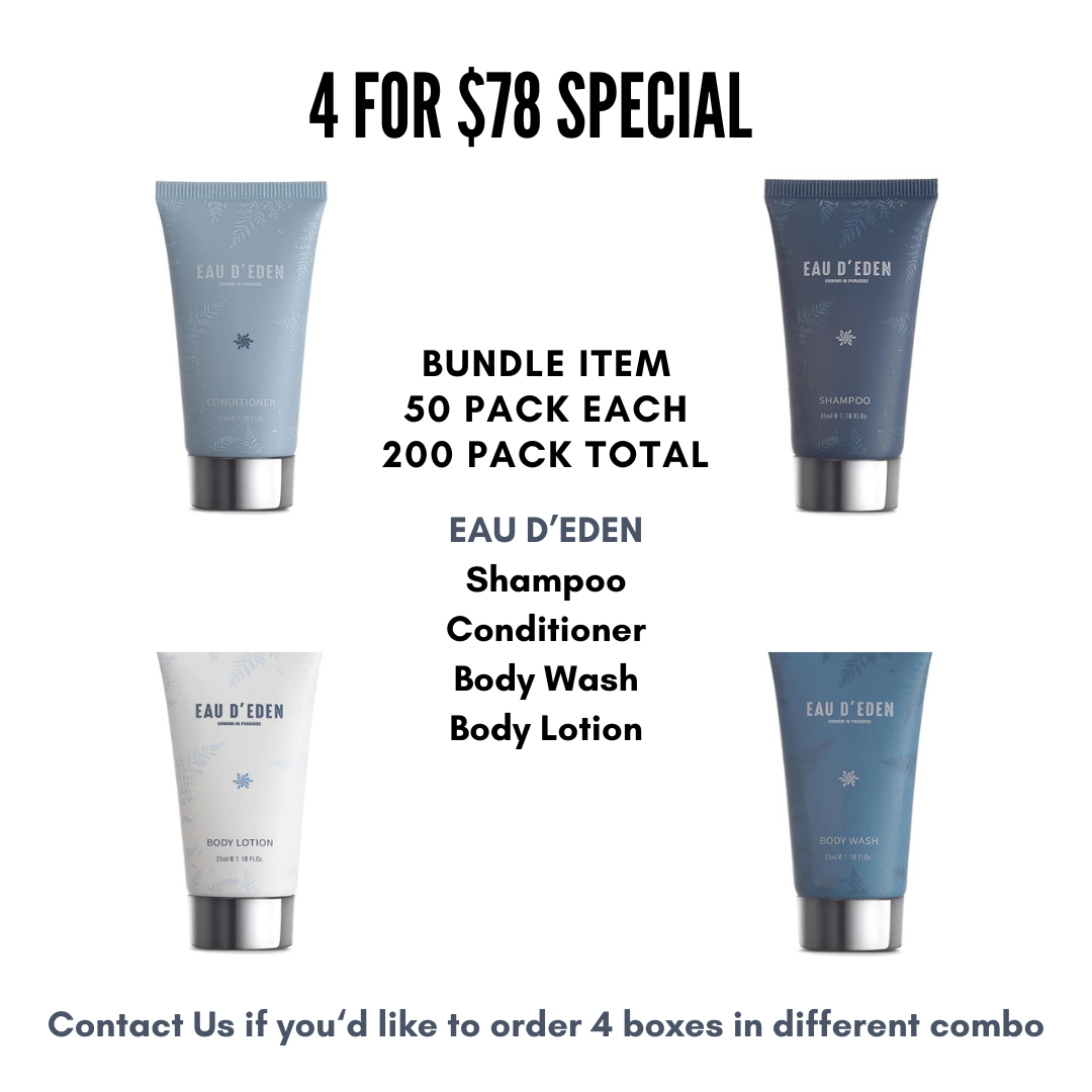 EAU D'EDEN 200-Piece Hotel Toiletries Travel Kit - Mini Shampoo, Conditioner, Body Wash & Lotion Set (4 Packs of 50 Each, Bulk Value $78) - Perfect for Hotels, Travel, Gyms & Guest Bathrooms