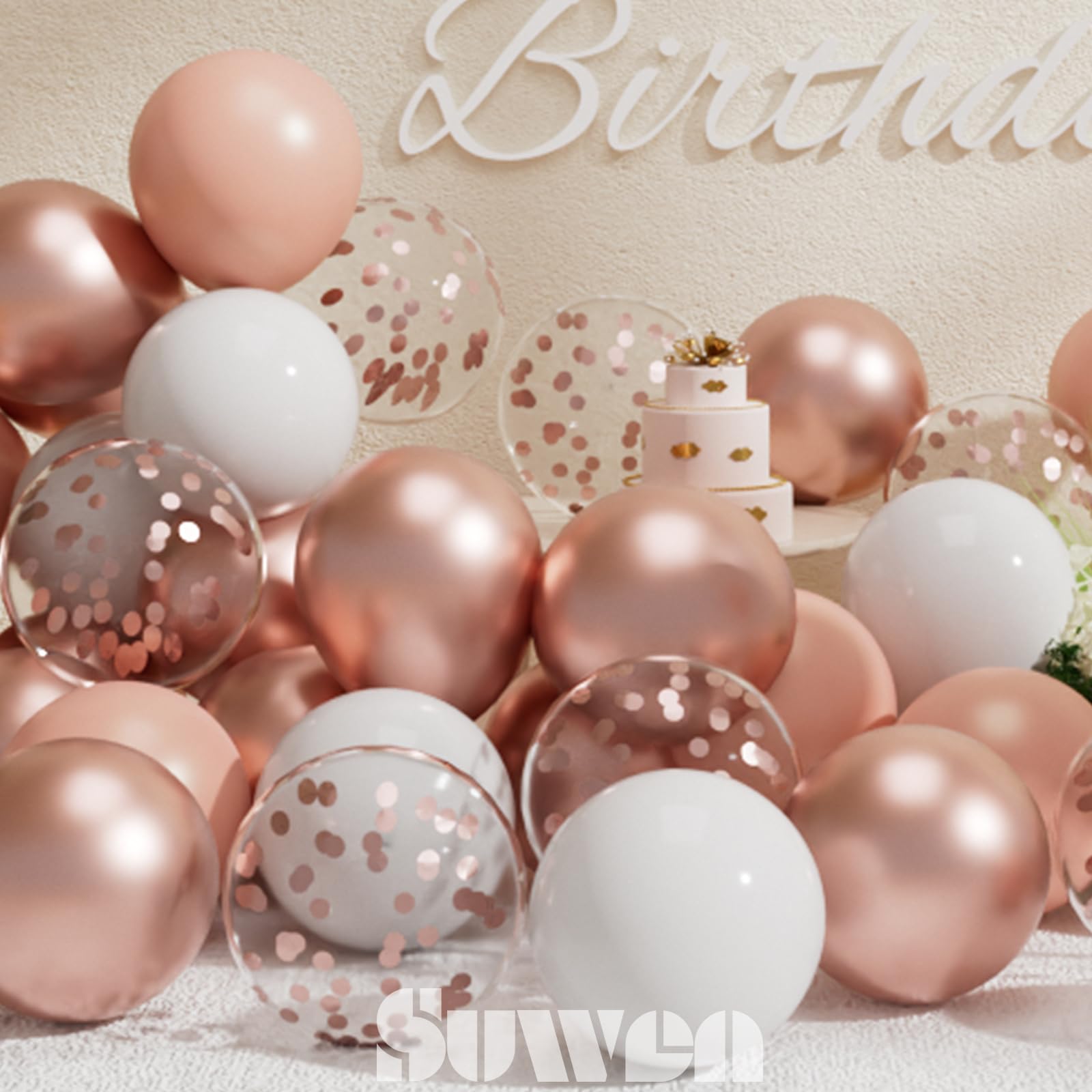 SUWEN 60PCS Metallic Rose Gold Confetti Balloons Set - Latex Helium Chrome Balloons for Birthday, Wedding, Bridal Shower, Anniversary Party Decorations - Perfect for Indoor & Outdoor Celebrations