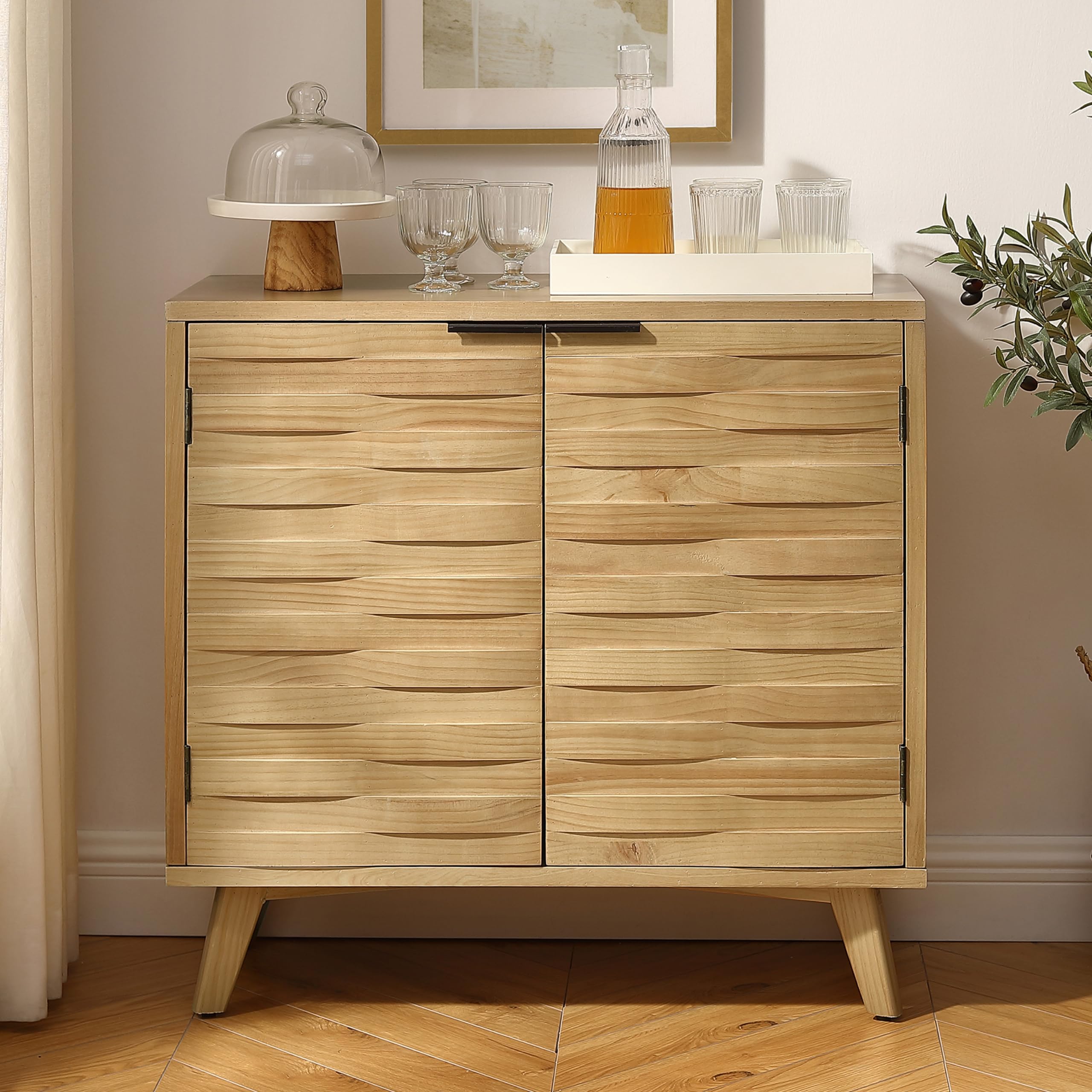 Zouron 2-Door Wooden Sideboard Buffet Cabinet - Kitchen Storage & Living Room Console Table with Round Grain Design - Perfect for Entryway, Hallway, or as Wine Cabinet (Natural Finish)