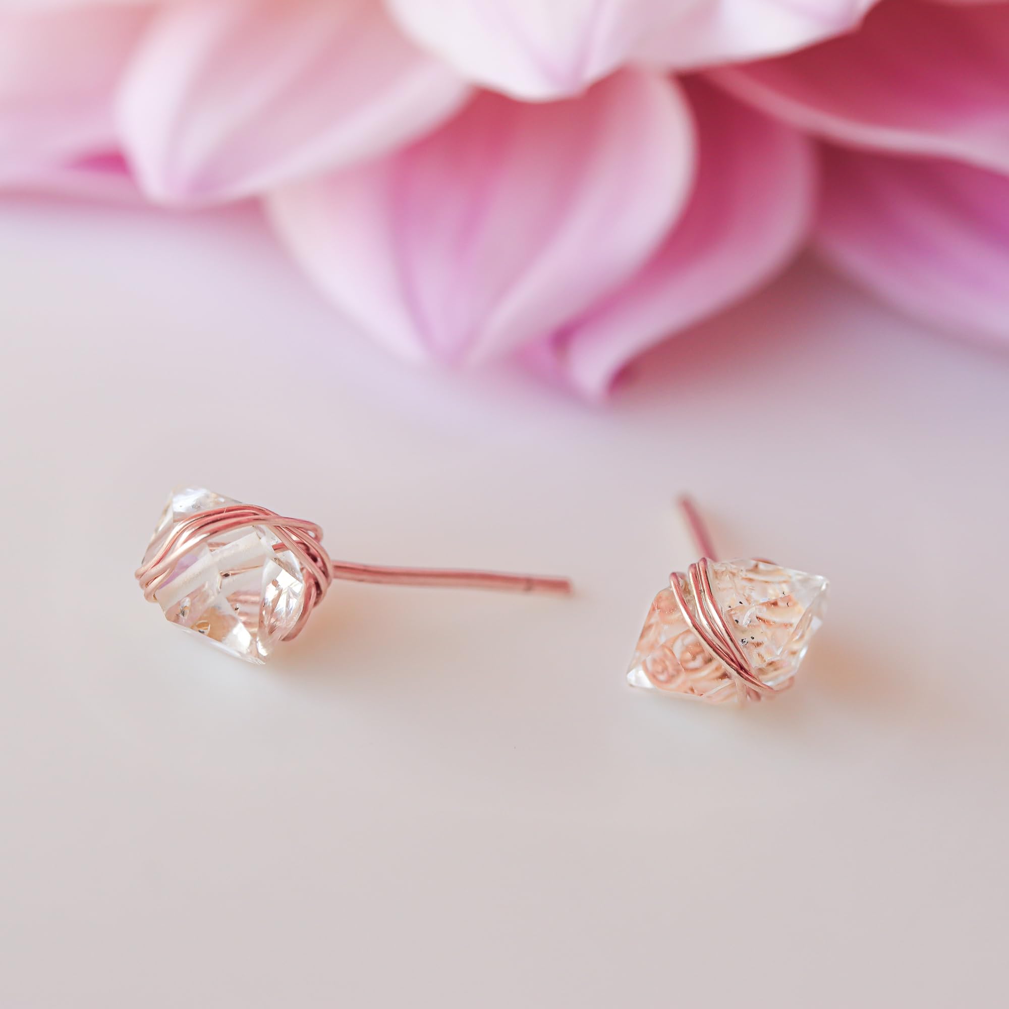 14K Rose Gold Filled Herkimer Diamond Stud Earrings for Women - Lotus Stone Jewelry | Elegant Everyday Wear, Gift for Her, Wedding & Special Occasion Jewelry