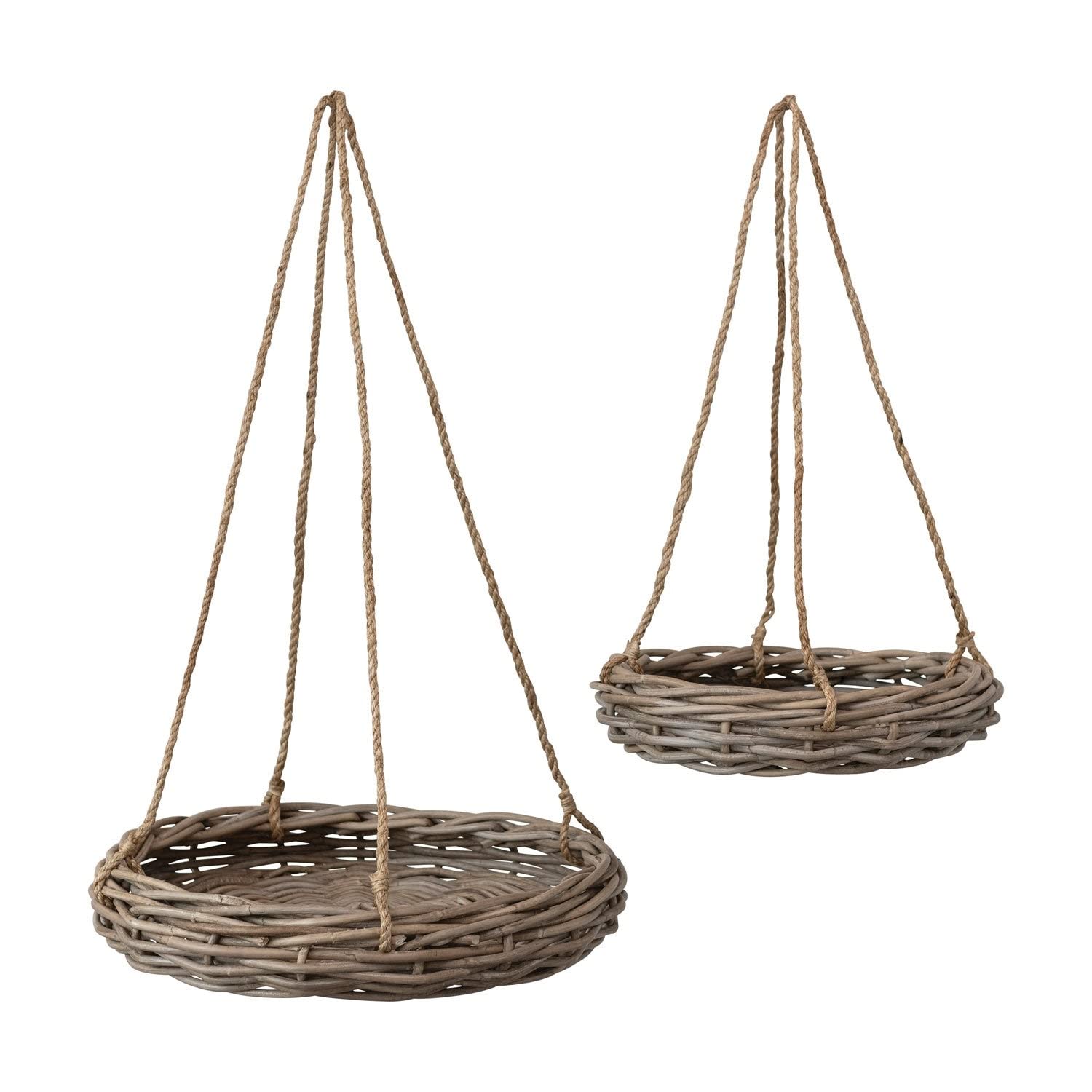 Hand-Woven Hanging Rattan Baskets with Rope Hangers - Set of 2 Grey Boho Storage Baskets for Home Decor, Bathroom, Kitchen & Nursery Organization - Handmade Natural Fiber Wall Baskets