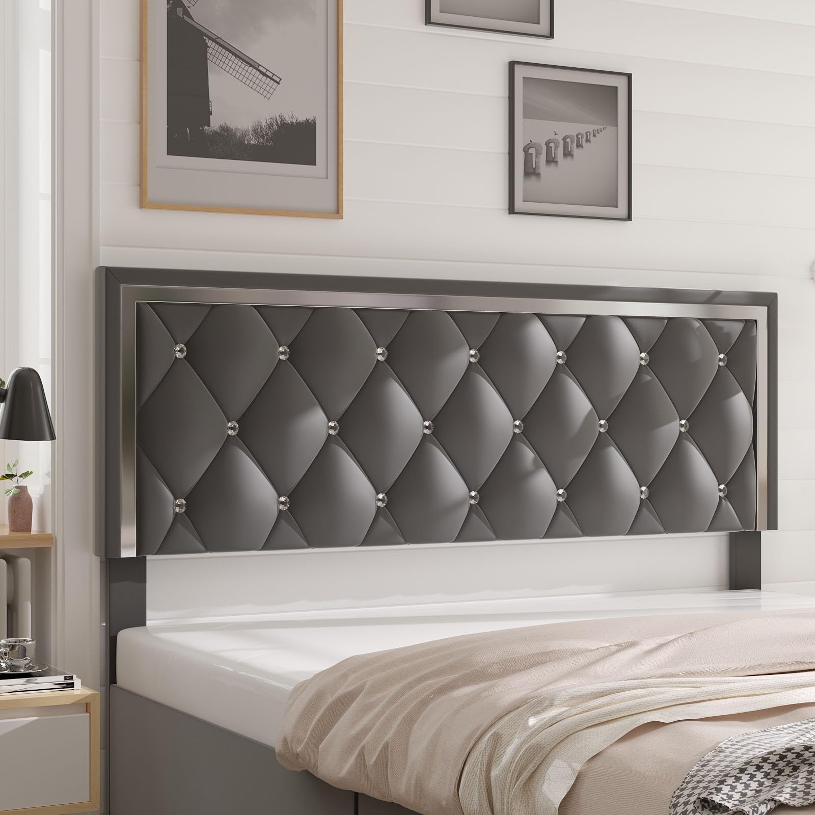 Luxury Monica King Size Velvet Upholstered Bed with Diamond Accents & Mirror Headboard - Wood Slat Support, No Box Spring Needed, Easy Assembly (Gray, Queen) - Perfect for Master Bedrooms & Guest Rooms with 4 Storage Drawers for Extra Organization