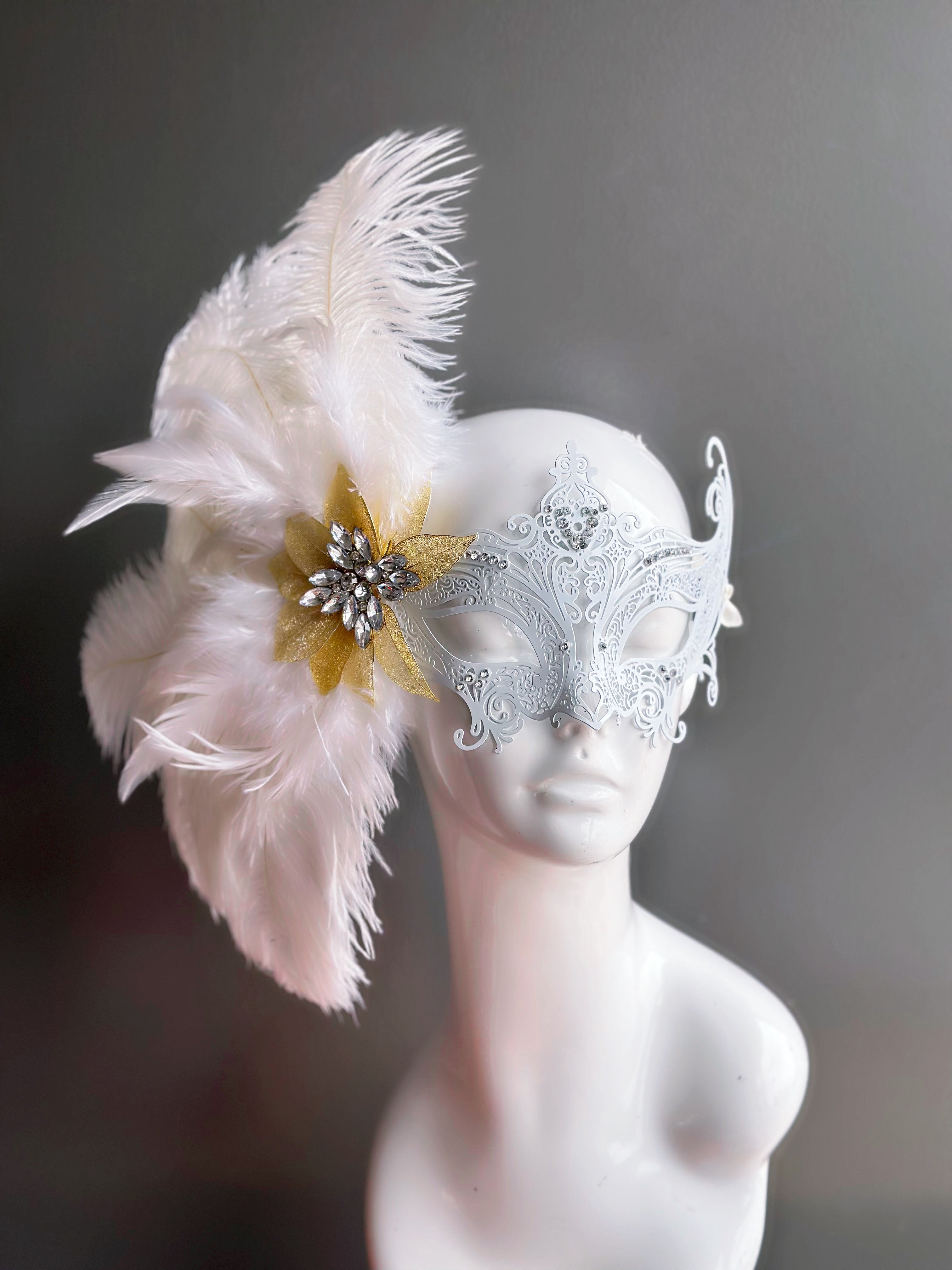 Frosted Gala White Feather Metal Mask - Elegant Venetian Style Masquerade Mask for Halloween, Mardi Gras, Costume Parties & Ballroom Dances
