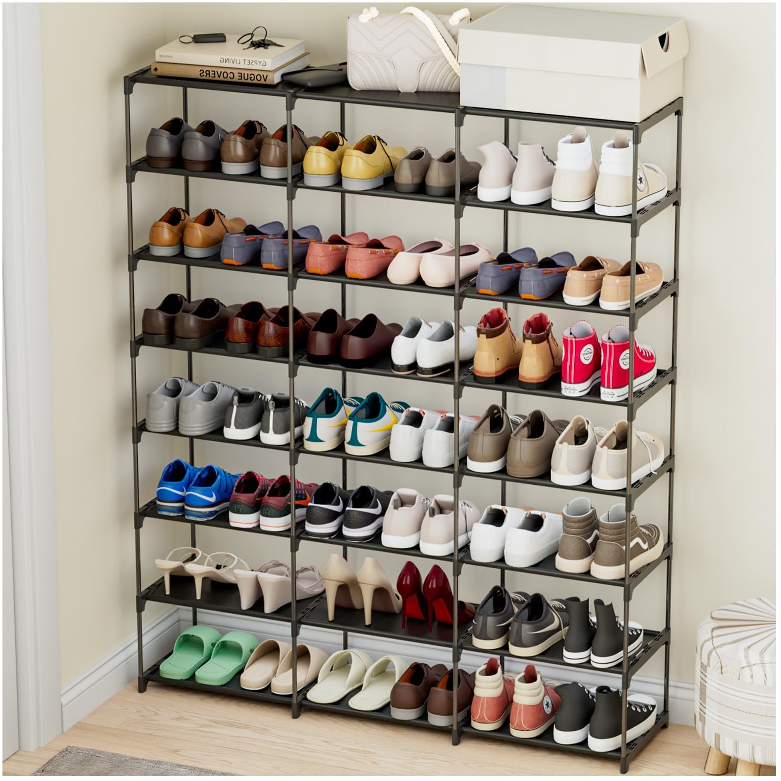 3-Tier Shoe Rack Organizer for 40-60 Pairs of Shoes & Boots - Sturdy Plastic Shoe Shelf with 8 Storage Levels - Perfect for Entryway, Hallway, Closet, Garage & Front Door Storage - Space-Saving Shoe Tower for Home Organization