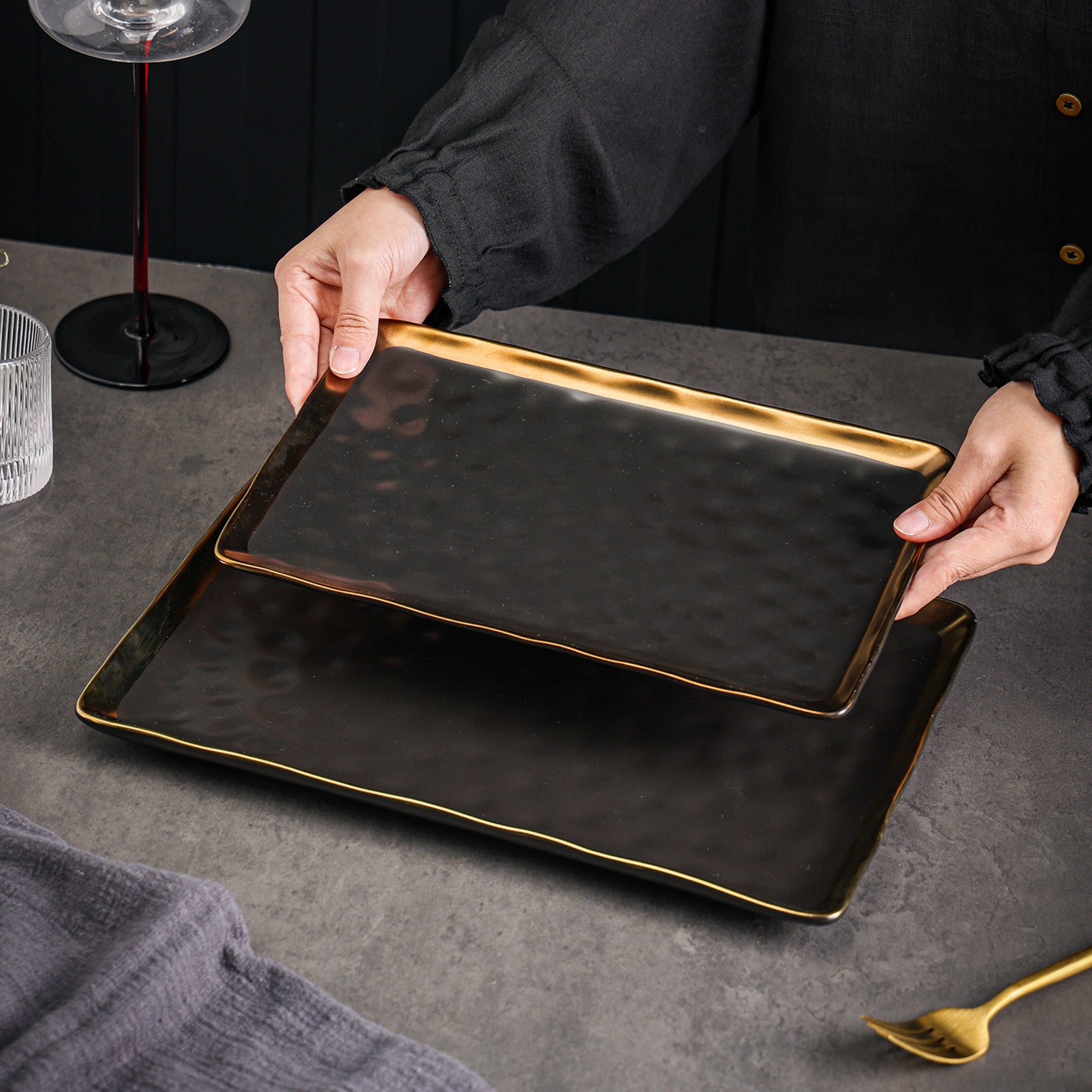 Premium Florian Porcelain Dinner Plates Set - Elegant Black Service Dishes for Fine Dining, Wedding & Holiday Entertaining