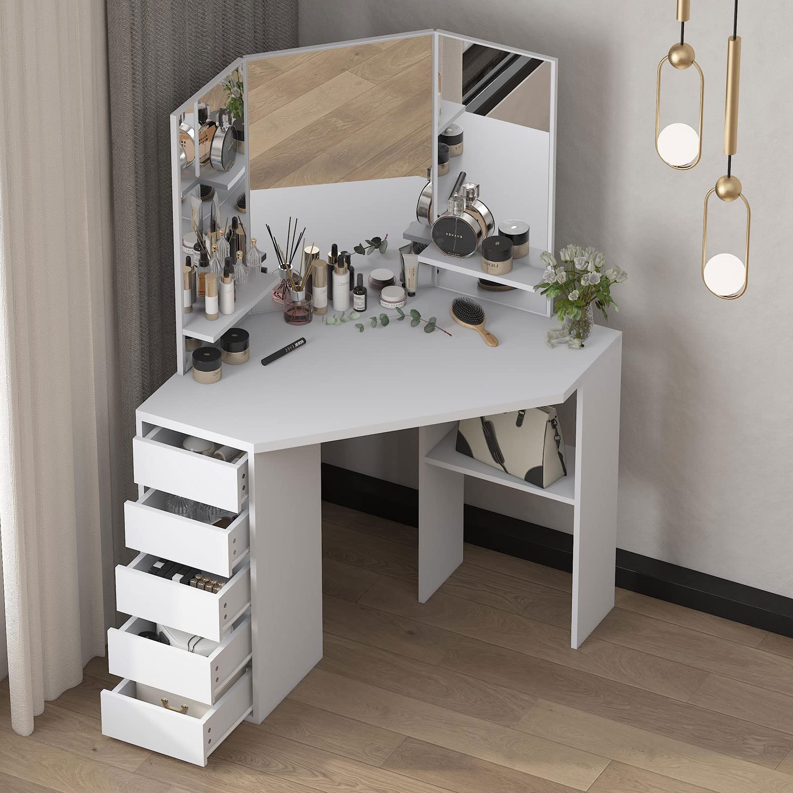 Vanity Makeup Table with 3-Fold Mirror & 5 Drawers - Grey Dressing Table for Bedroom, Compact Vanity Desk with Storage Shelves for Women & Girls | Perfect for Makeup Organization, Small Space Bedrooms & Beauty Corner Setup