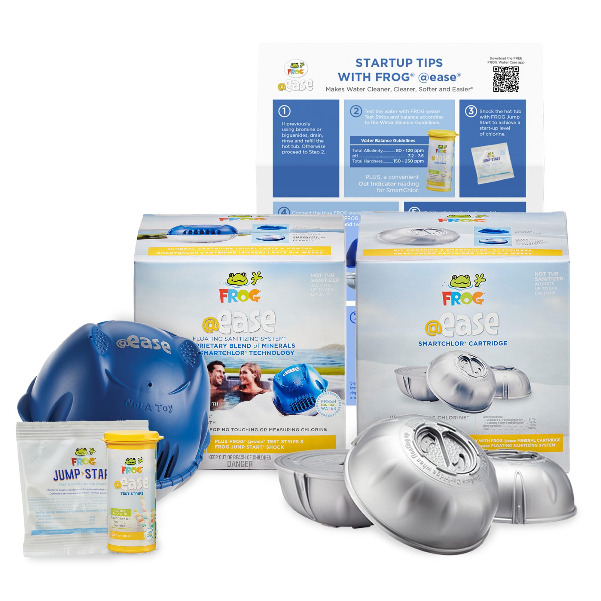 FROG @Ease Floating Hot Tub Sanitizer System with 3 SmartChlor Replacement Cartridges | Self-Regulating Chlorine Free Spa Sanitizer | Includes Free Hot Tub Care Guide | Perfect for Above Ground & Inground Spas, Jacuzzis and Whirlpools