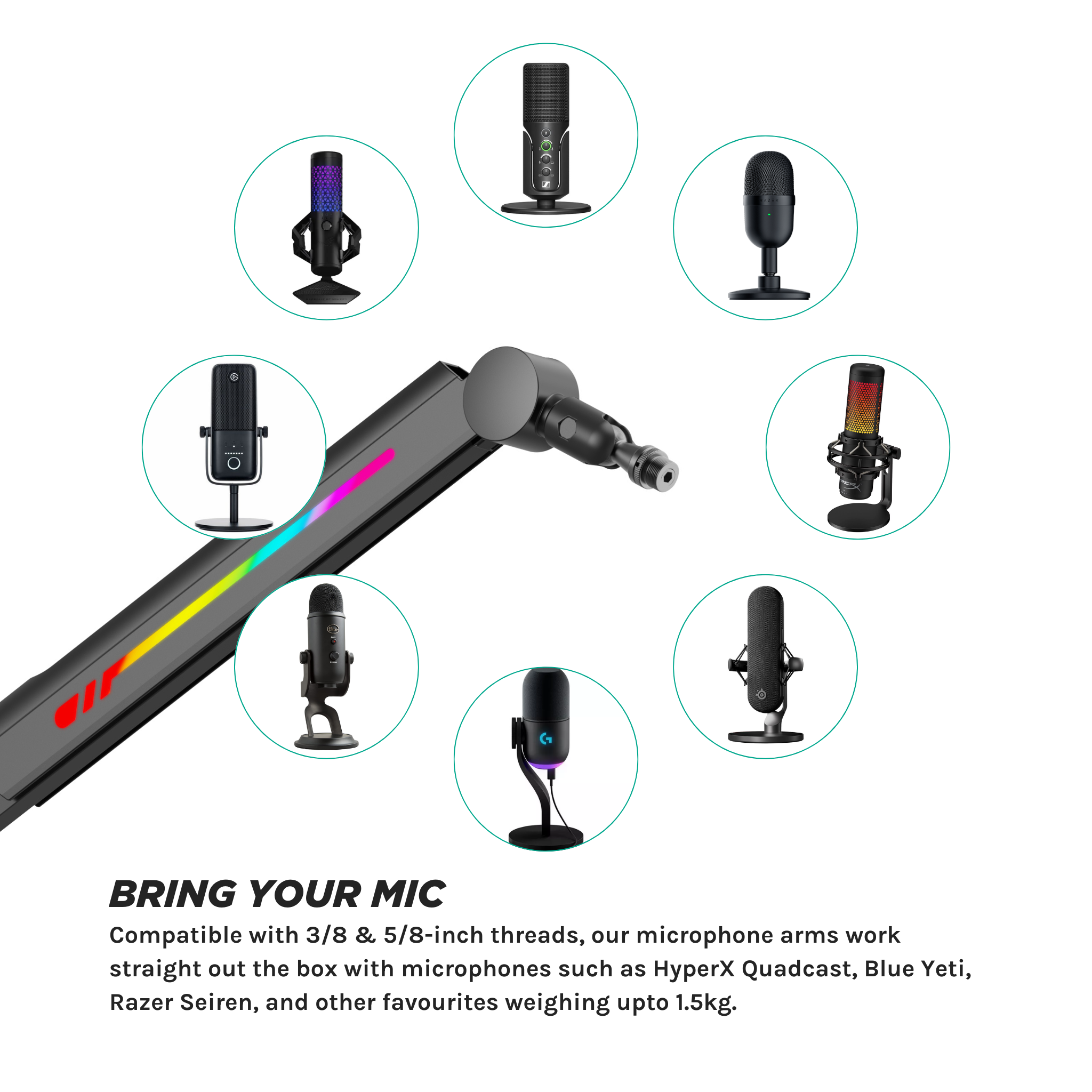 Glint RGB Microphone Arm - Adjustable Boom Stand with Colorful LED Lighting for Streaming, Podcasting & Gaming (Black) | Perfect for Home Studios & Professional Setups