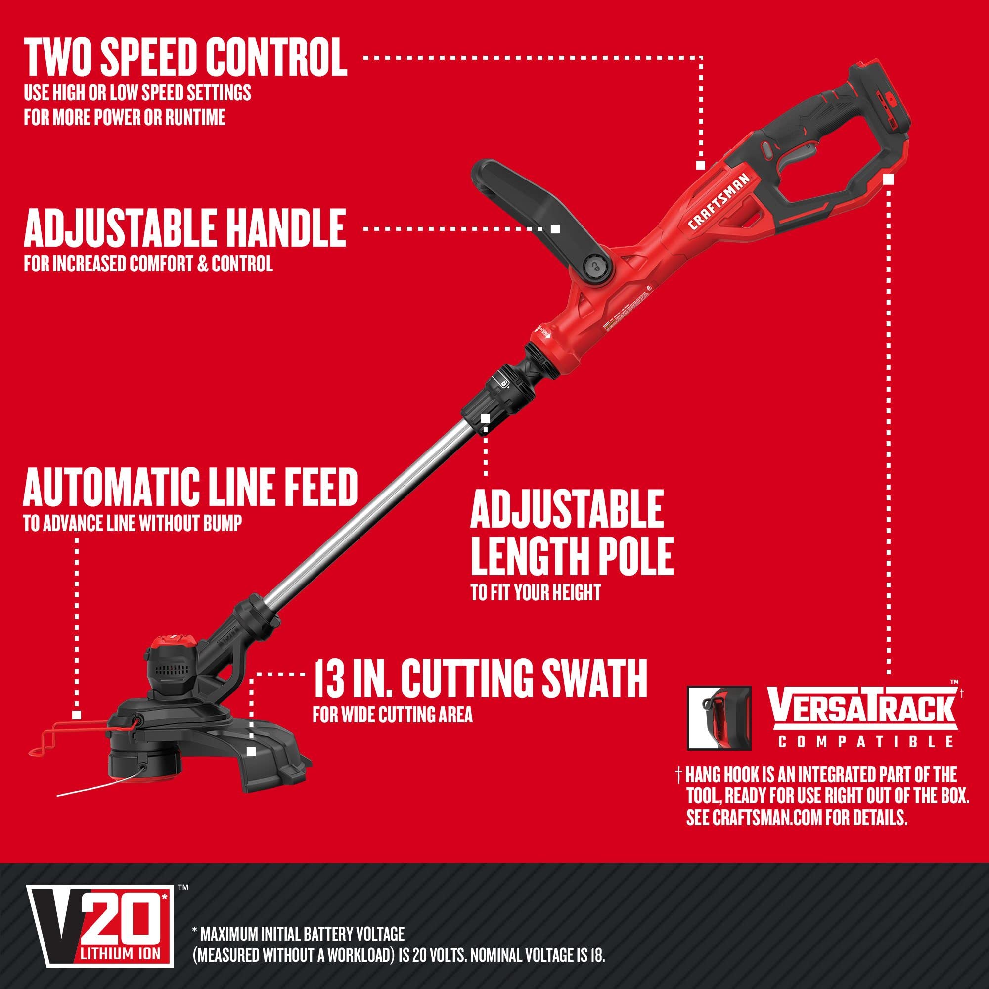 CRAFTSMAN V20 Cordless String Trimmer Edger - 13 Inch Weed Wacker with Automatic Feed, Bare Tool (CMCST900B) | Perfect for Lawn Care, Yard Maintenance & Landscaping