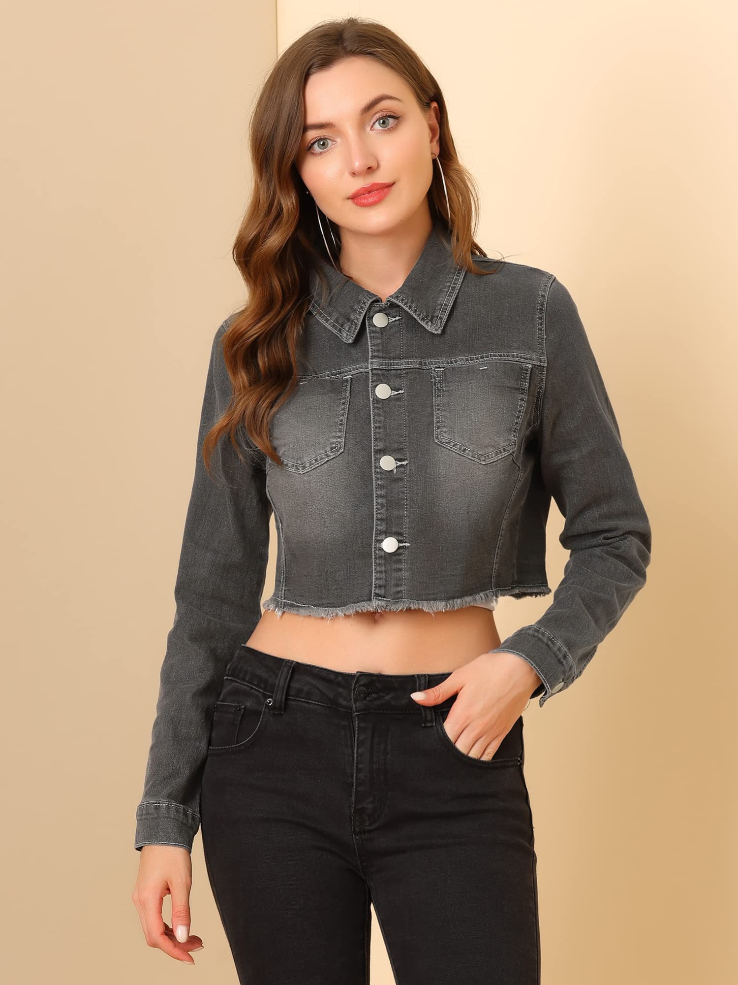 Allegra K Women's Cropped Denim Jacket - Frayed Button Up Washed Jean Jacket for Casual Outfits & Street Style | Perfect for Spring & Fall Layering