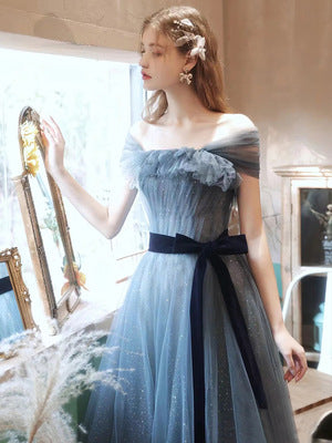 Elegant Off Shoulder Blue Tulle Prom Dress - A-Line Long Formal Evening Gown for Homecoming, Wedding & Special Occasions | Style 637