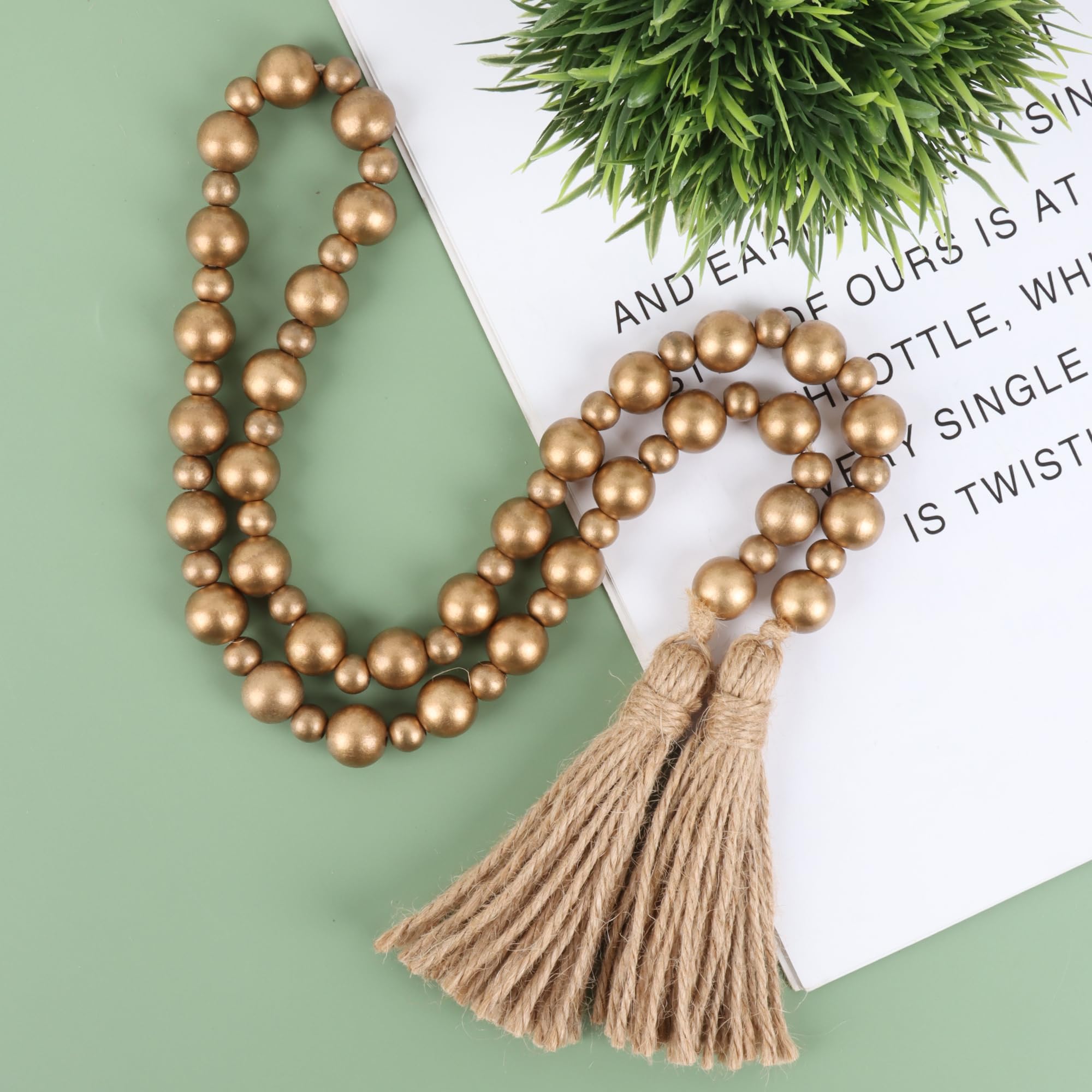 Yagoo Wood Bead Garland with Tassels - Rustic Farmhouse Decor, Boho Prayer Beads for Wall Hanging, Shelf Styling & Home Decoration (Gold) | Perfect for Living Room, Bedroom & Wedding Decor