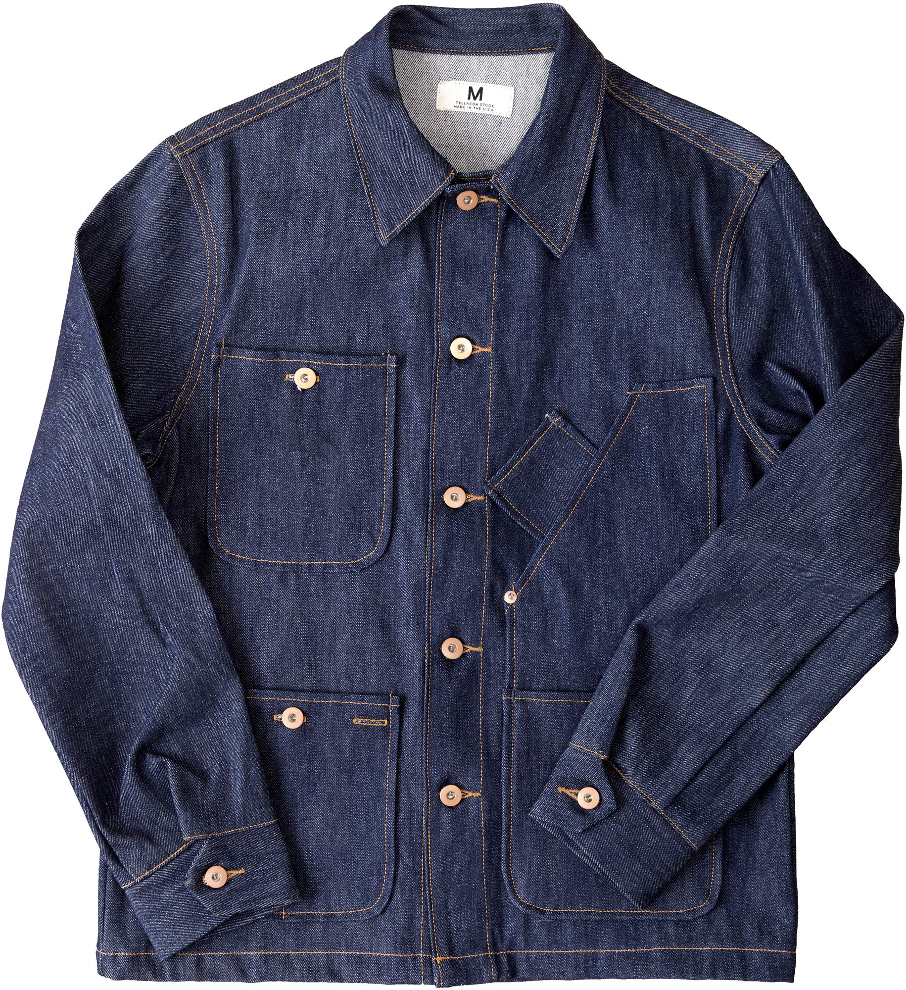 Tellason Stock Men's 14 oz Cone Mills White Oak Raw Denim Coverall Jacket - Made in USA - Durable Workwear for Farming, Construction & Outdoor Activities