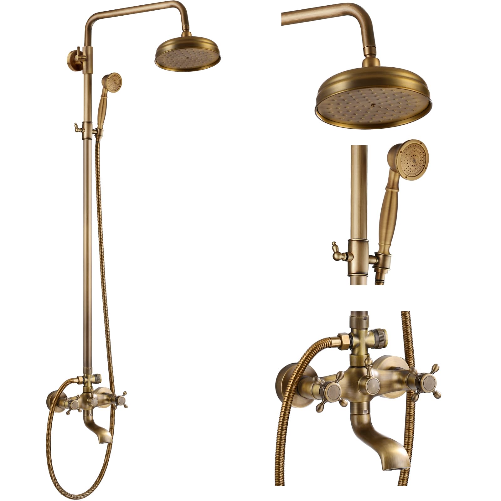 Gotonovo 8 Inch Round Rain Shower Head with Double Cross Handle & Tub Spout - 3 Function Wall Mounted Bathroom Shower Faucet Set in Antique Brass - Perfect for Modern & Vintage Bathroom Renovations